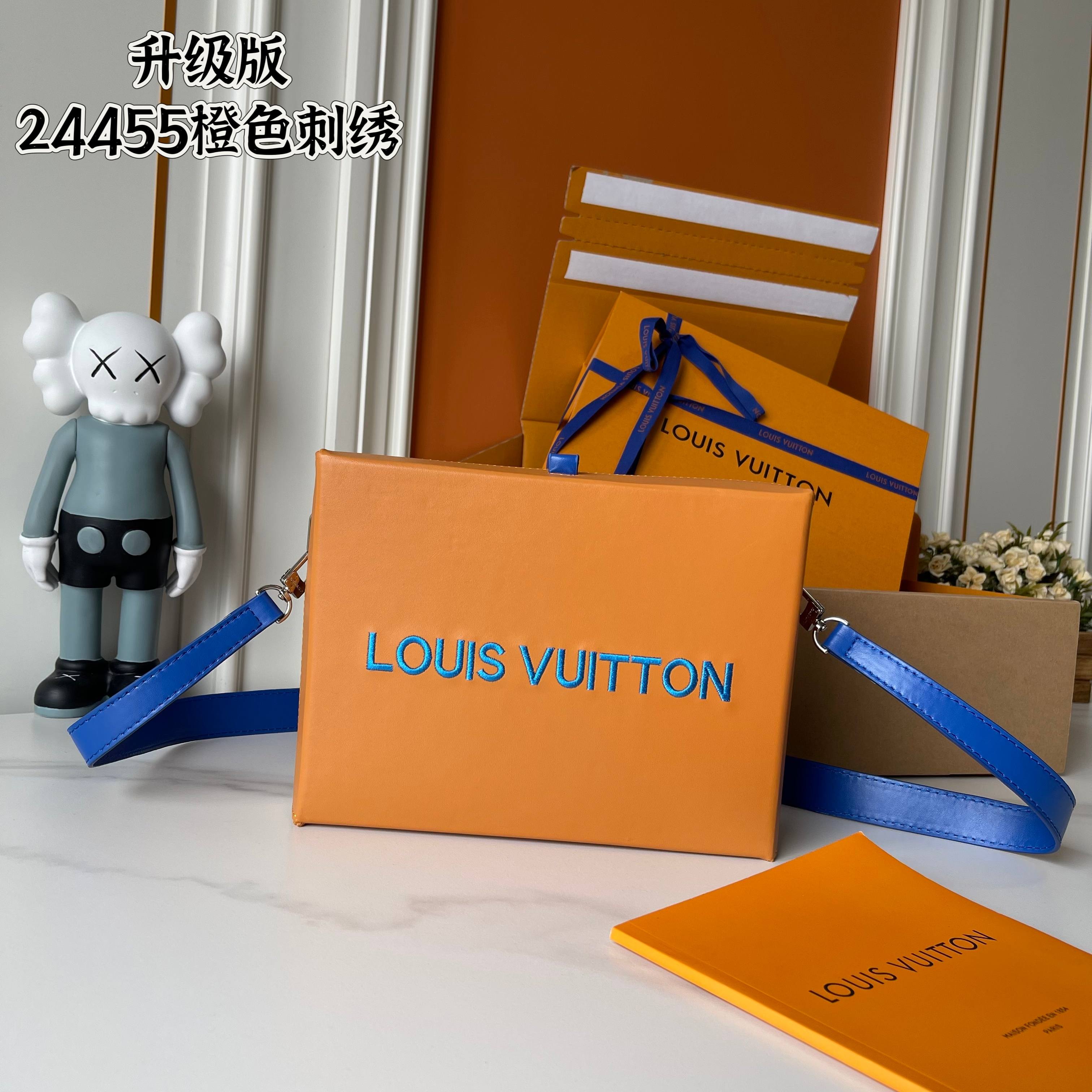 Louis Vuitton Shopper Medium Tas Oranje Leer met Afneembare Blauwe Schouderriem