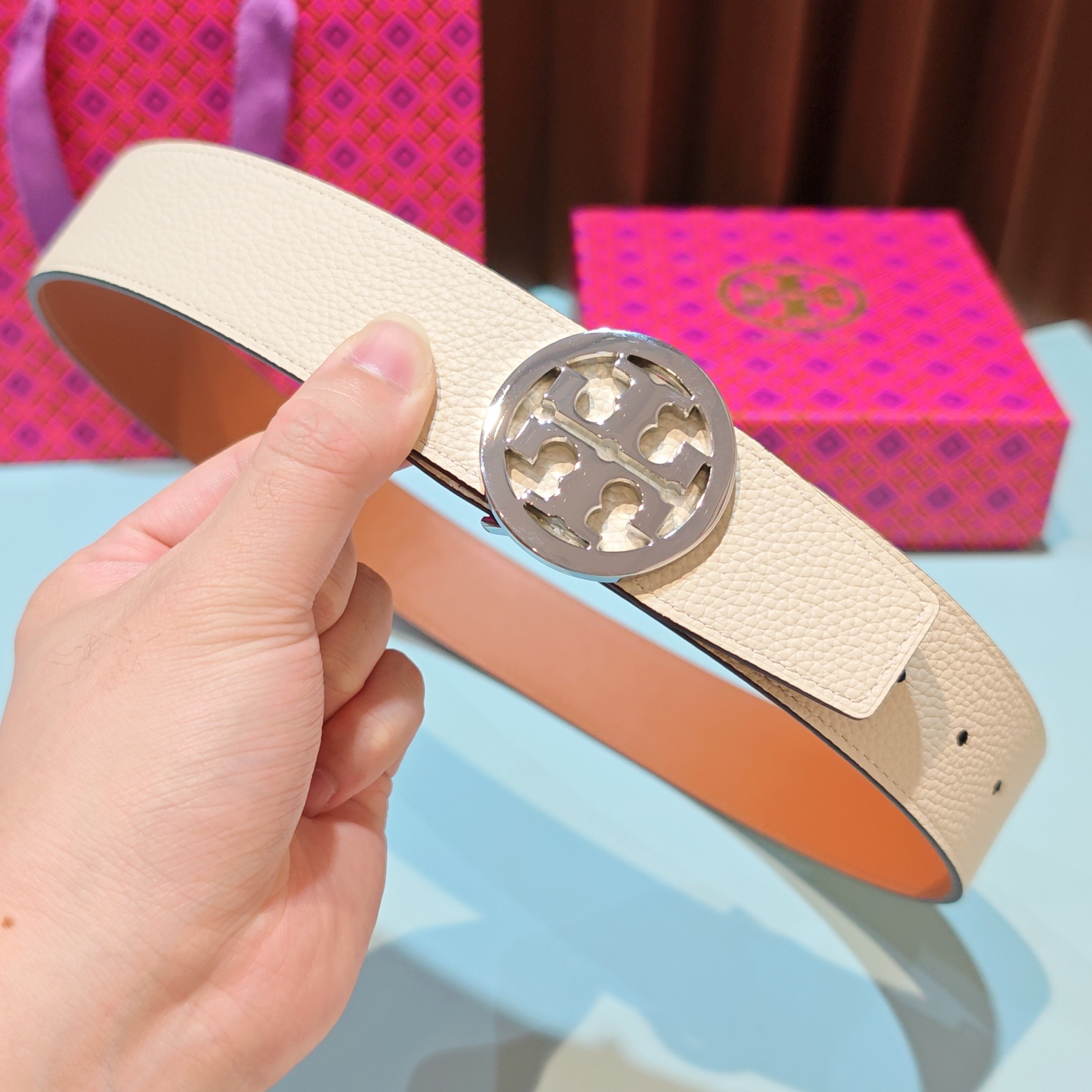 Tory Burch Reversible Leather Belt with Signature Logo Buckle, 4.0cm Width