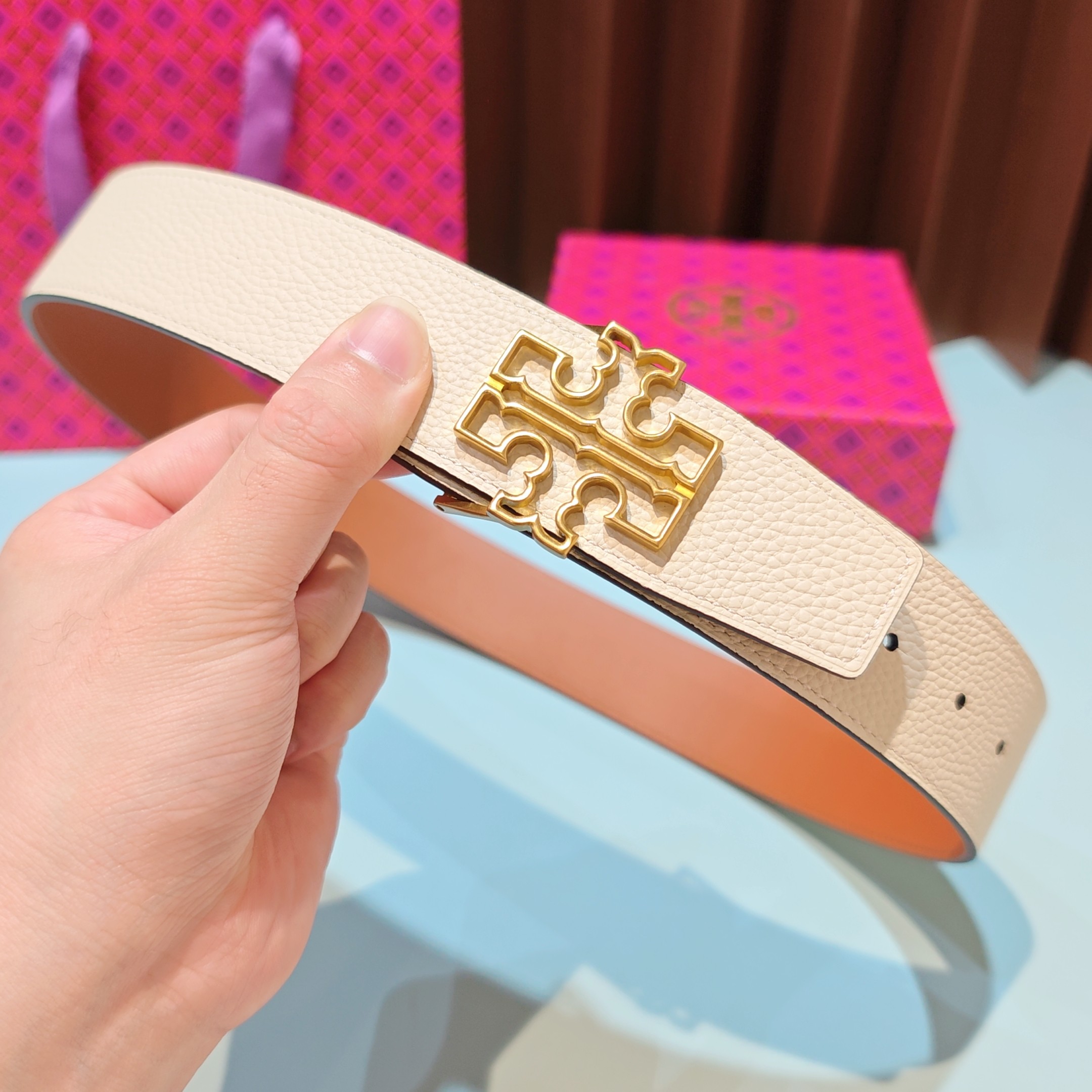Tory Burch 4.0cm Reversible Leather Belt with Gold Hardware