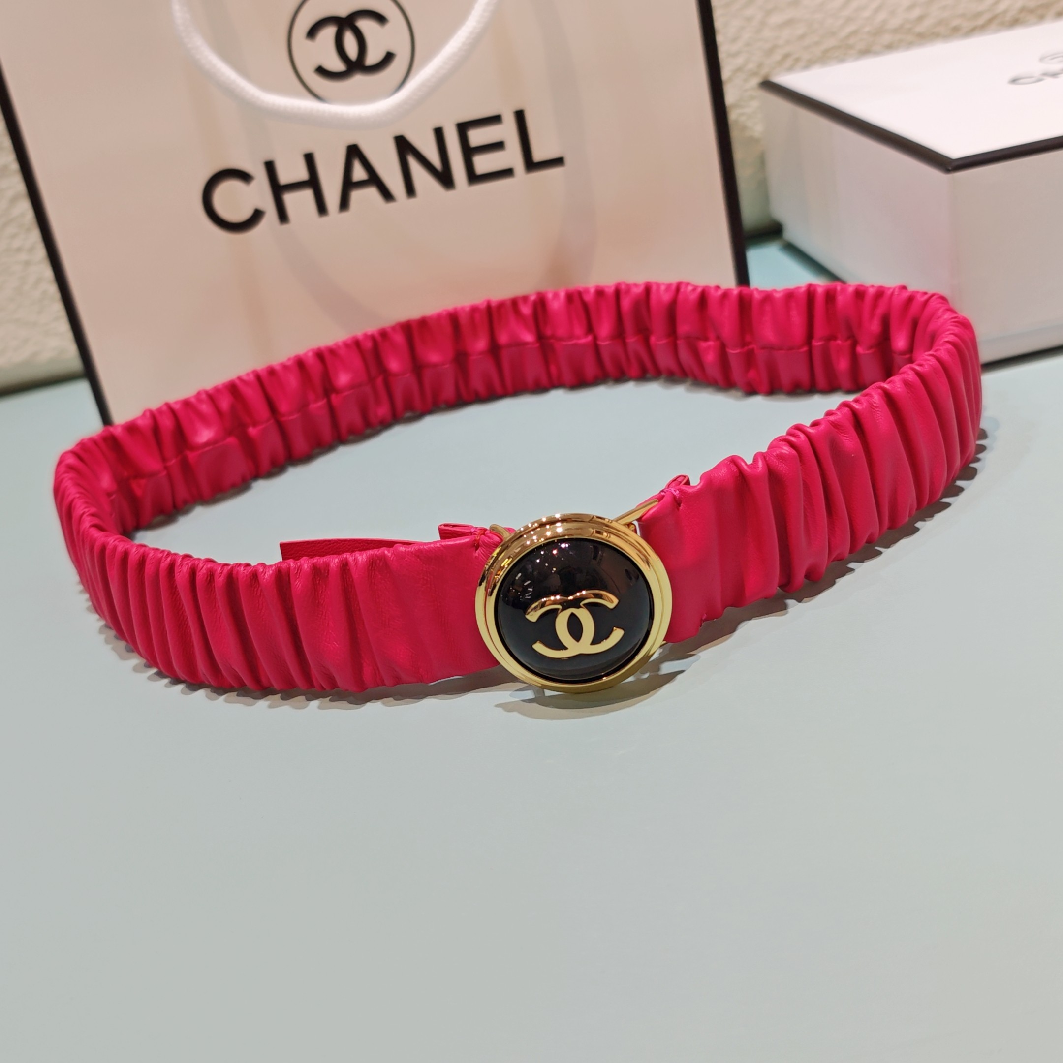 💥💥💥3.0cm香奈儿腰带弹力带，头层羊皮，长度：65.70.75.80.85.90.欧，铜五金珍珠扣 