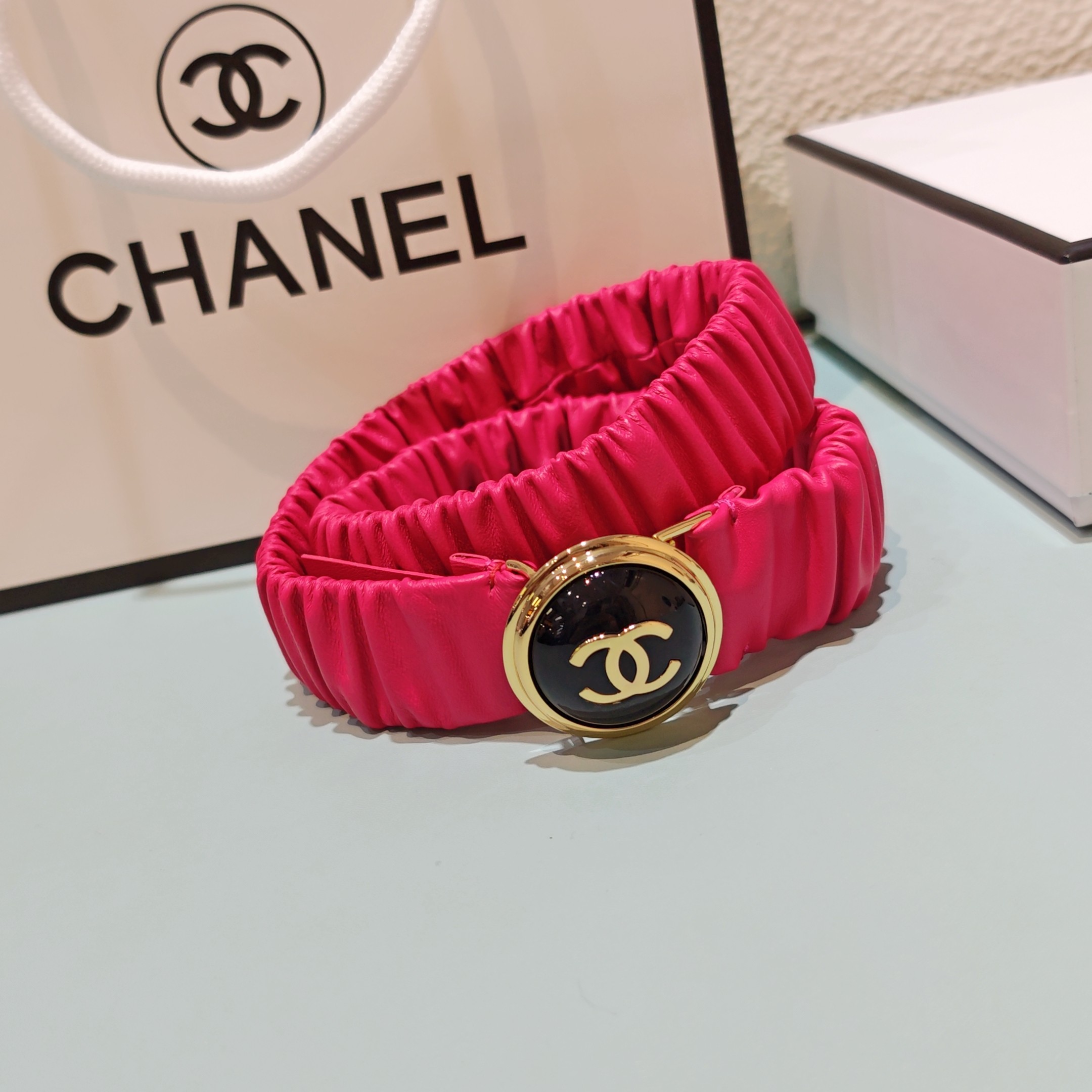 💥💥💥3.0cm香奈儿腰带弹力带，头层羊皮，长度：65.70.75.80.85.90.欧，铜五金珍珠扣 