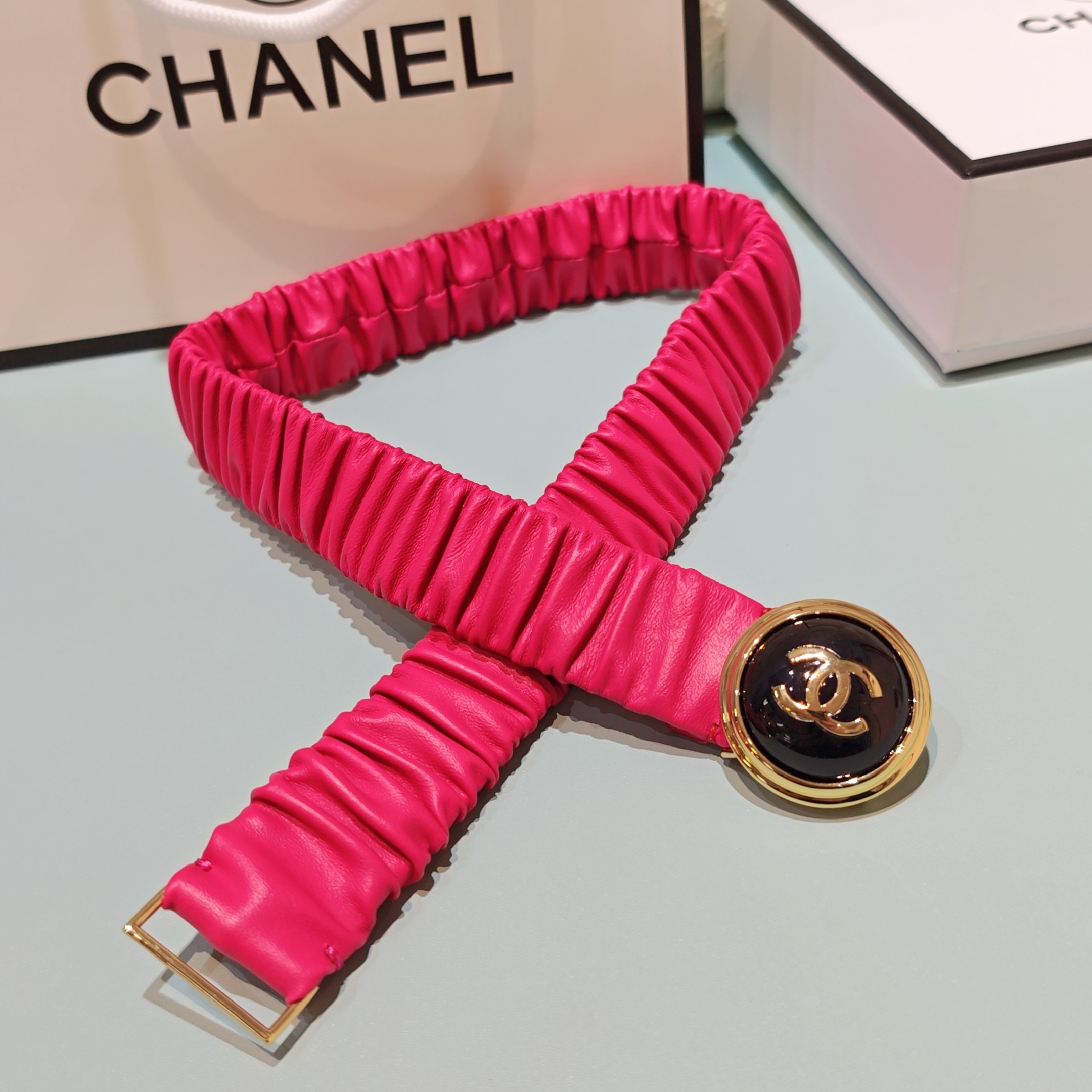 💥💥💥3.0cm香奈儿腰带弹力带，头层羊皮，长度：65.70.75.80.85.90.欧，铜五金珍珠扣 