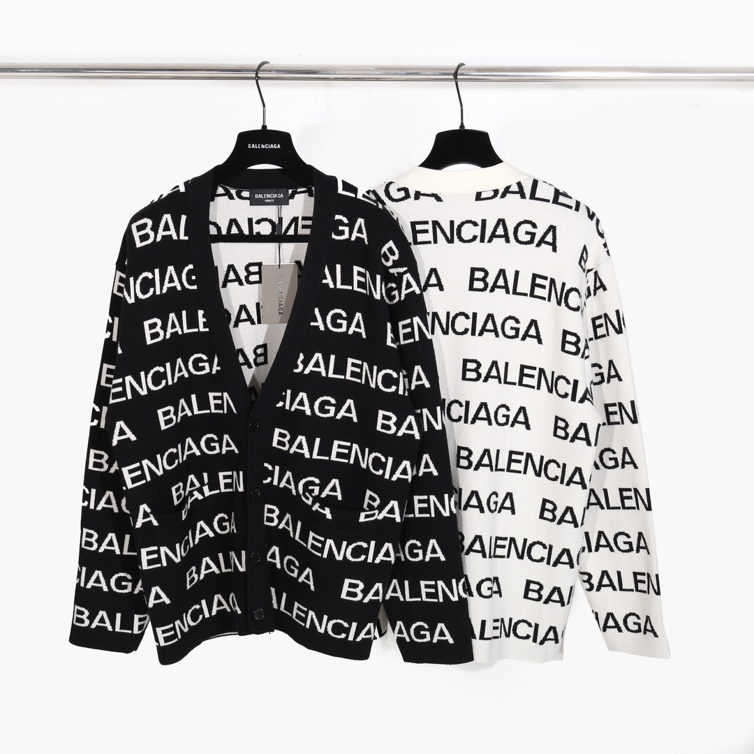 #A08 Balenciaga 23fw suéter de punto de lana pura con logo de letras impresas, colores: negro, blanco, tallas: XS S M L