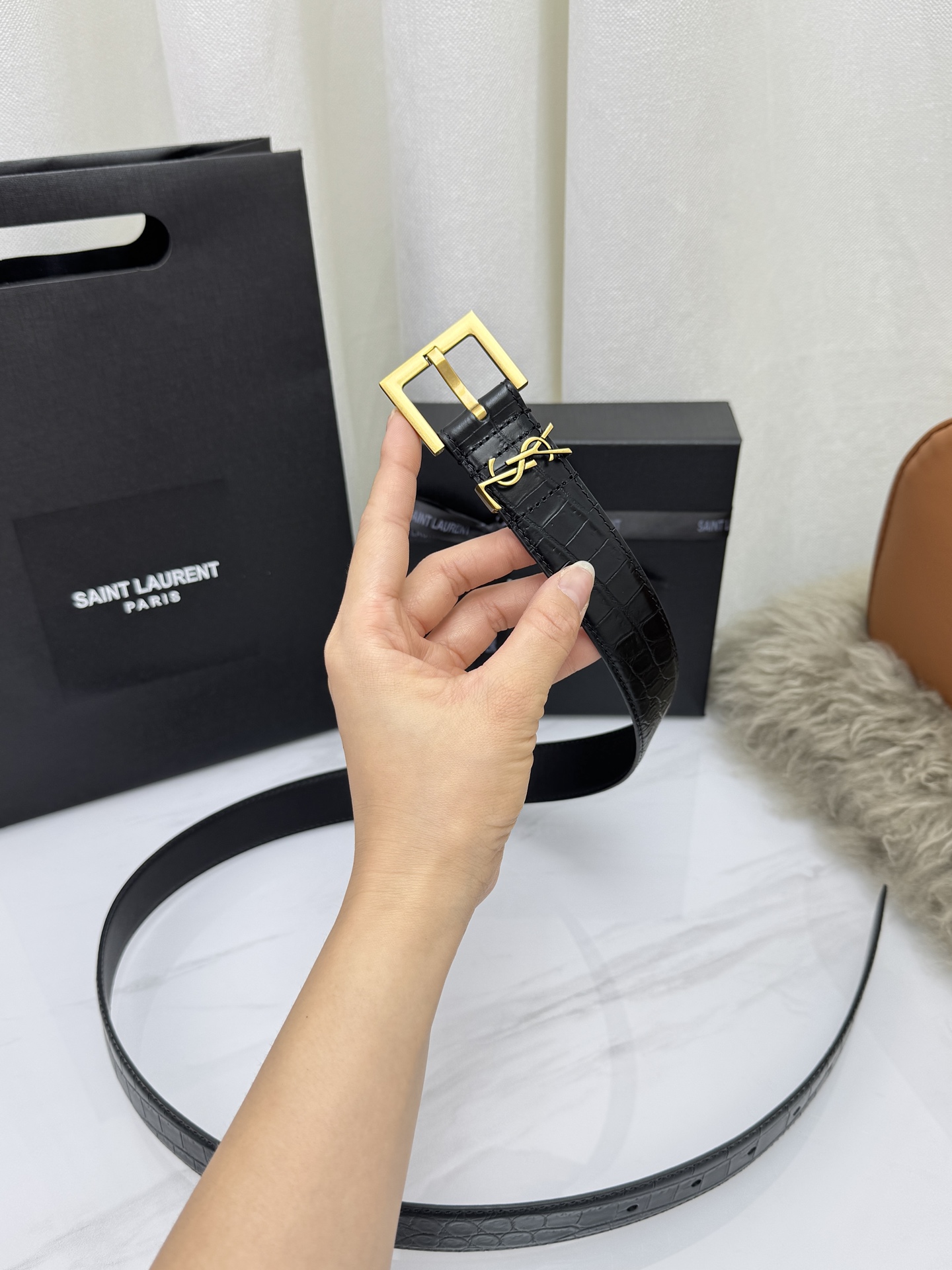Saint Laurent 圣罗兰女士腰带皮带 原厂真金电渡扣头，意大利原厂皮，宽3.0cm，代购级。