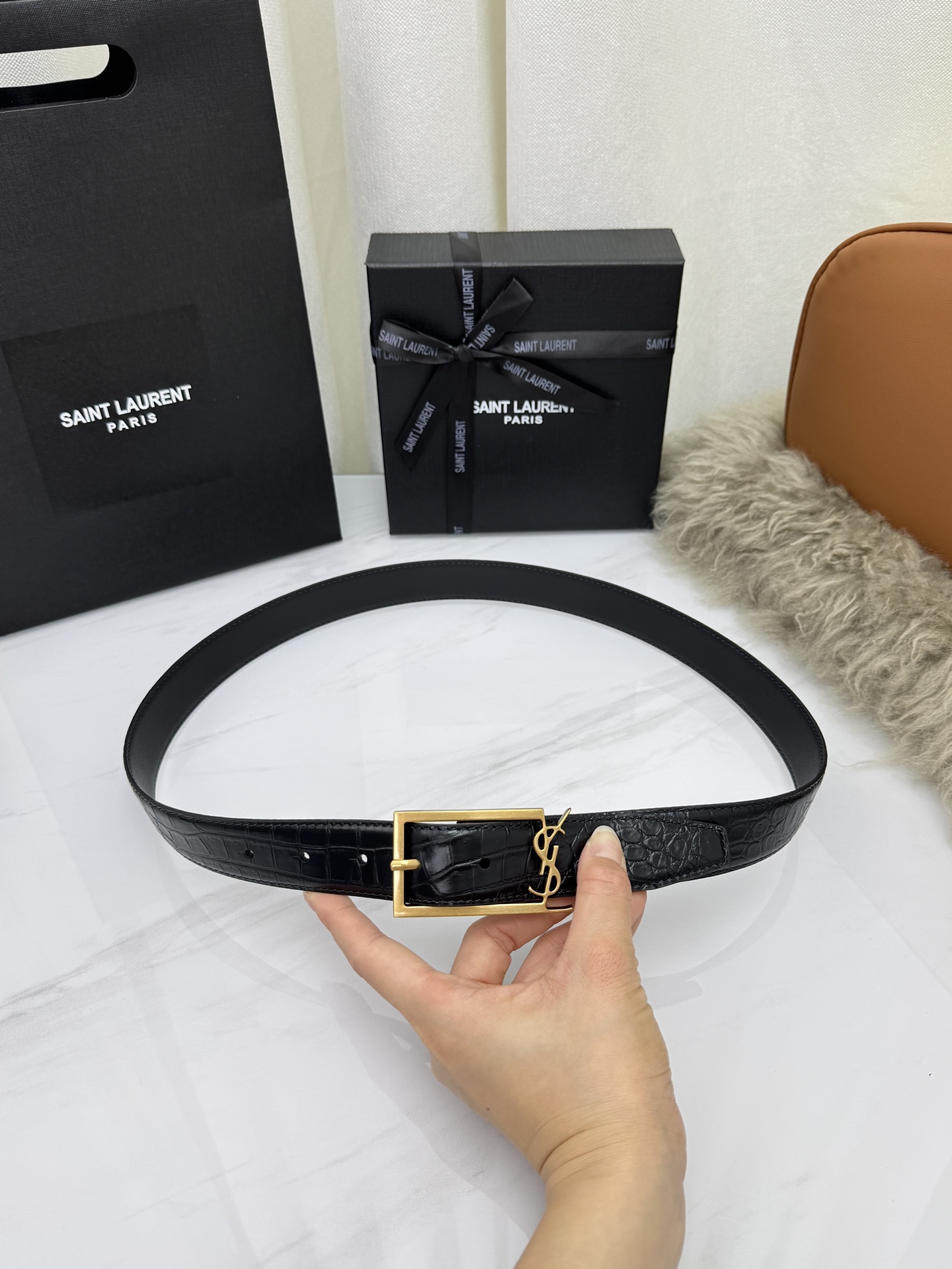Saint Laurent 圣罗兰女士腰带皮带 原厂真金电渡扣头，意大利原厂皮，宽3.0cm，代购级。