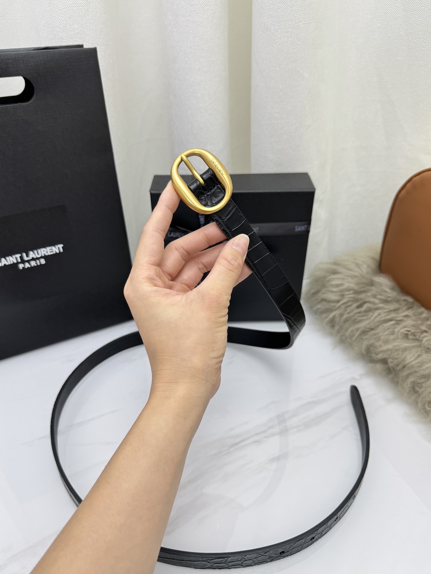 Saint Laurent 圣罗兰女士腰带皮带 原厂真金电渡扣头，意大利原厂皮，宽2.0cm，代购级。