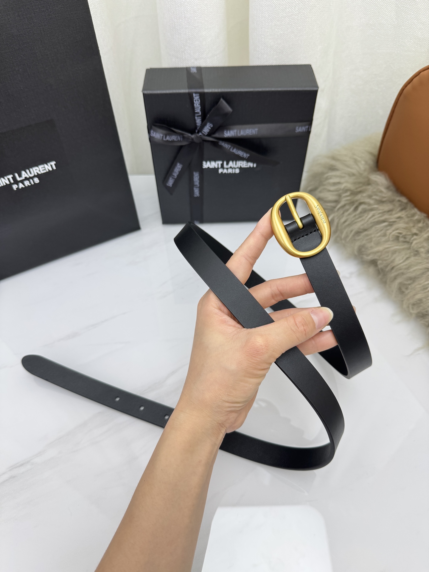 Saint Laurent 圣罗兰女士腰带皮带 原厂真金电渡扣头，意大利原厂皮，宽2.0cm，代购级。