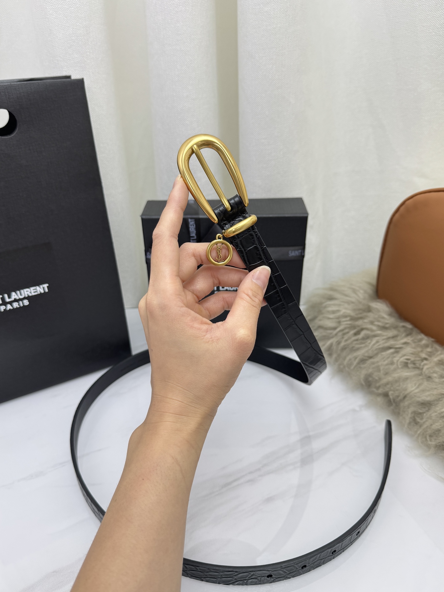 Saint Laurent 圣罗兰女士腰带皮带 原厂真金电渡扣头，意大利原厂皮，宽2.0cm，代购级。