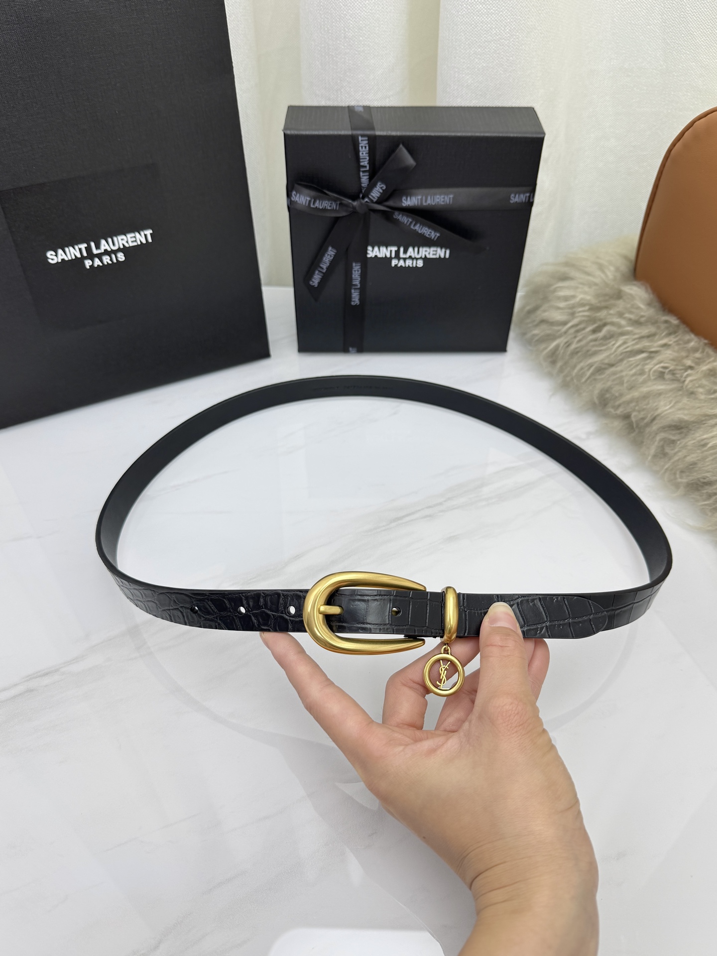 Saint Laurent 圣罗兰女士腰带皮带 原厂真金电渡扣头，意大利原厂皮，宽2.0cm，代购级。