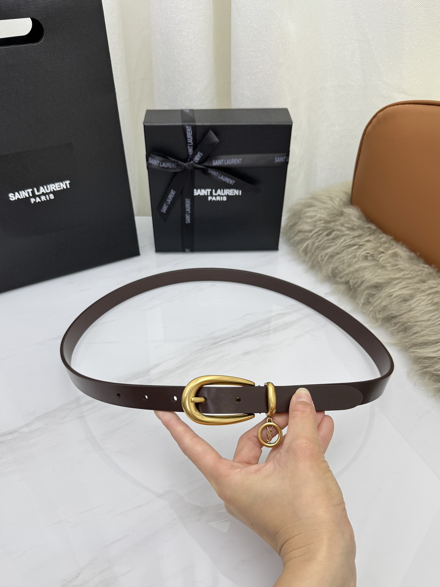Saint Laurent 圣罗兰女士腰带皮带 原厂真金电渡扣头，意大利原厂皮，宽2.0cm，代购级。