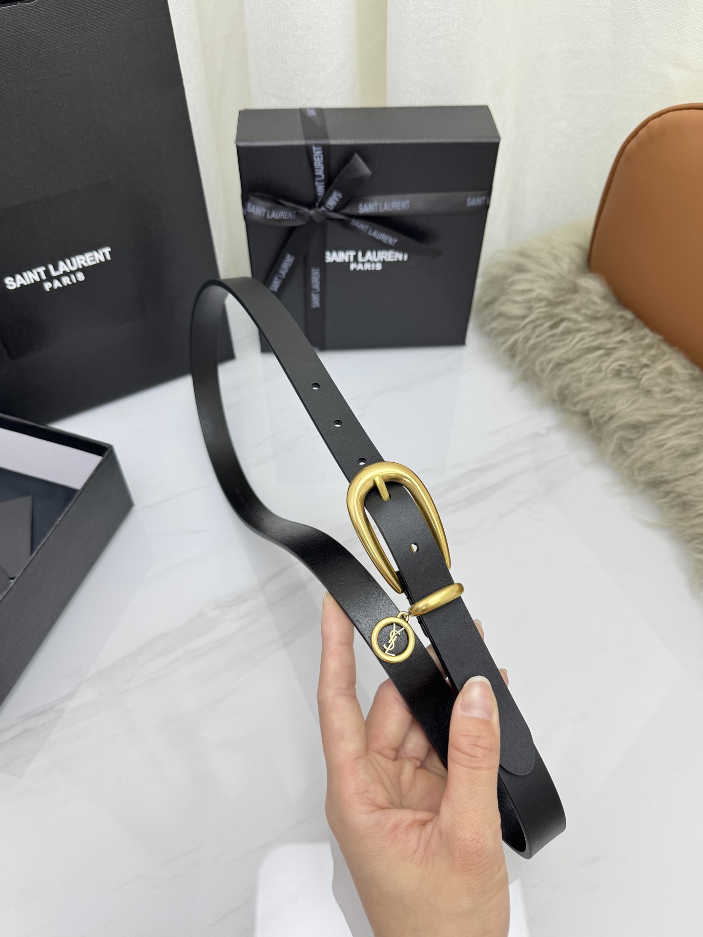Saint Laurent 圣罗兰女士腰带皮带 原厂真金电渡扣头，意大利原厂皮，宽2.0cm，代购级。