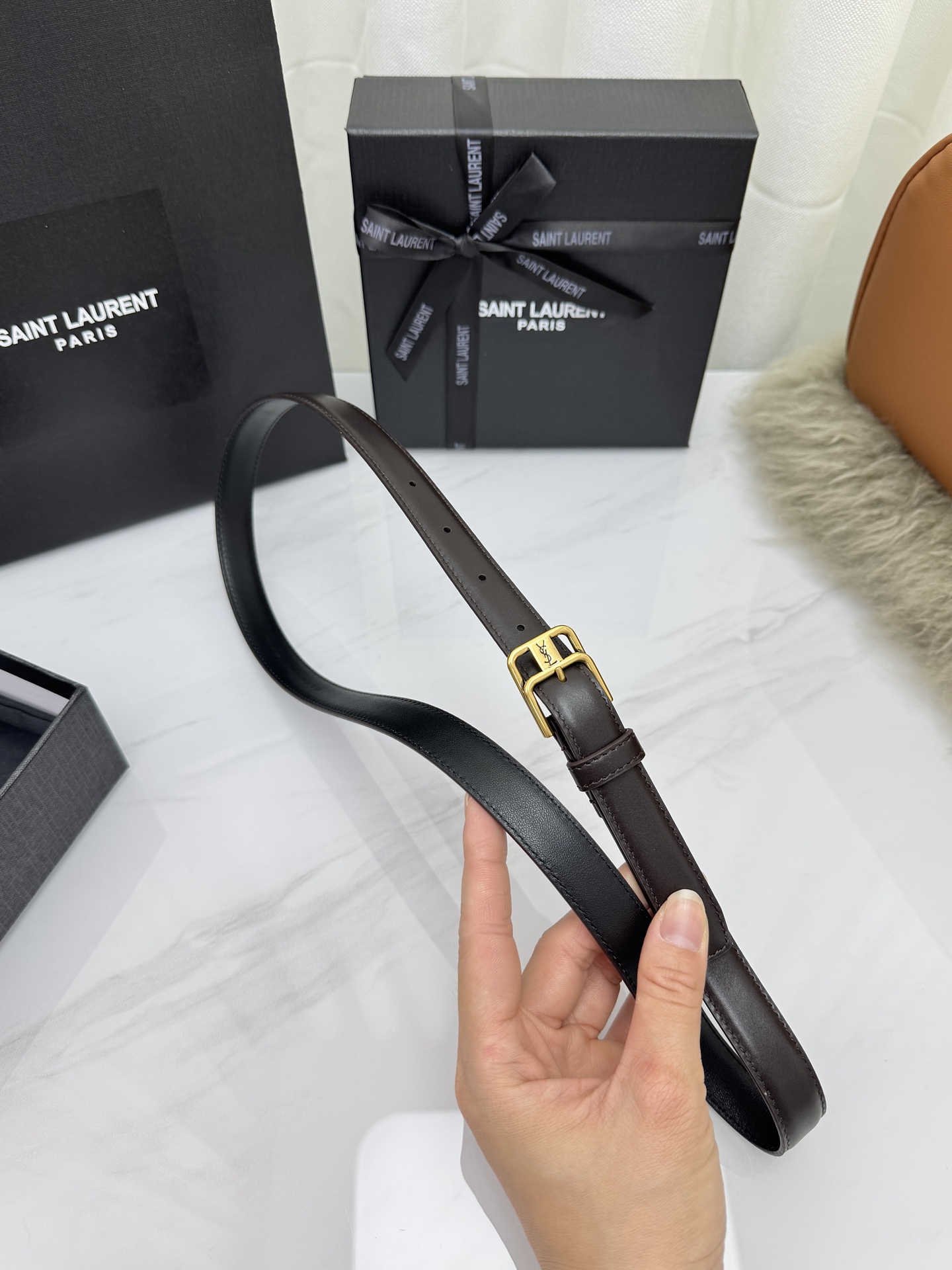 Saint Laurent 圣罗兰女士腰带皮带 原厂真金电渡扣头，意大利原厂皮，宽2.0cm，代购级。