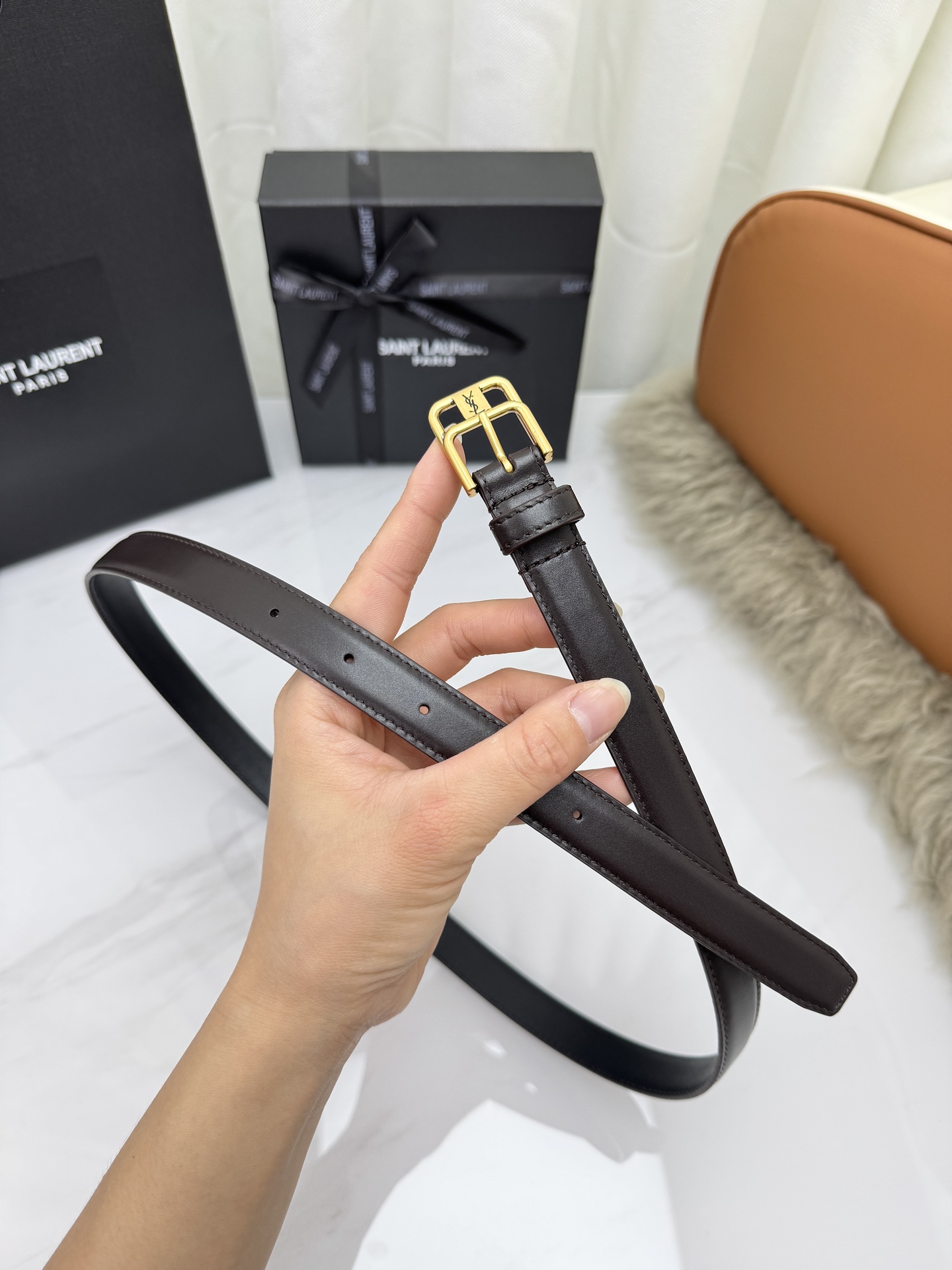 Saint Laurent 圣罗兰女士腰带皮带 原厂真金电渡扣头，意大利原厂皮，宽2.0cm，代购级。