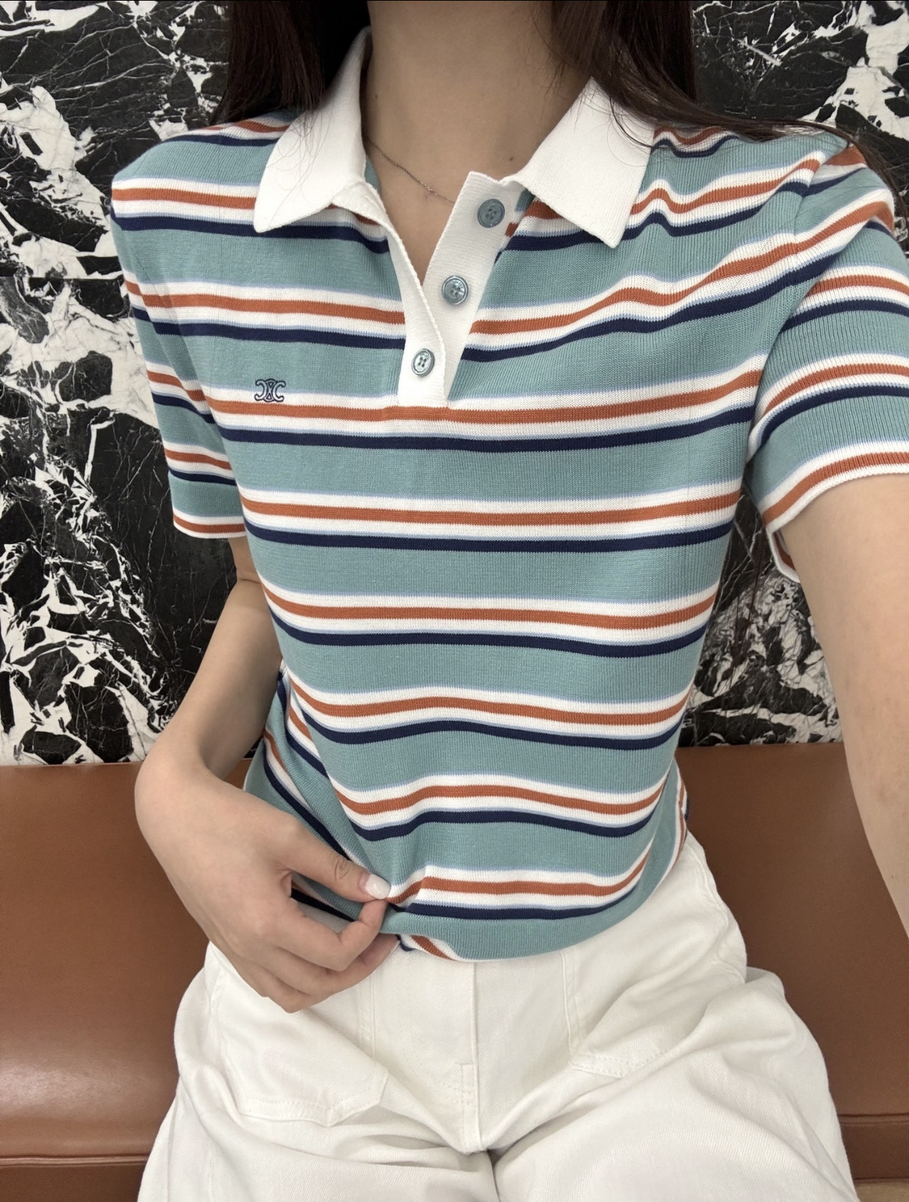 CE 26夏季新款 撞色条纹短袖 撞色条纹+撞色翻领胸前凯旋门刺绣低调有辨识度 搭高腰裤裙法式复古感满满
