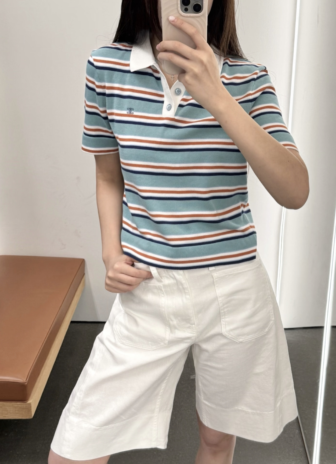 CE 26夏季新款 撞色条纹短袖 撞色条纹+撞色翻领胸前凯旋门刺绣低调有辨识度 搭高腰裤裙法式复古感满满