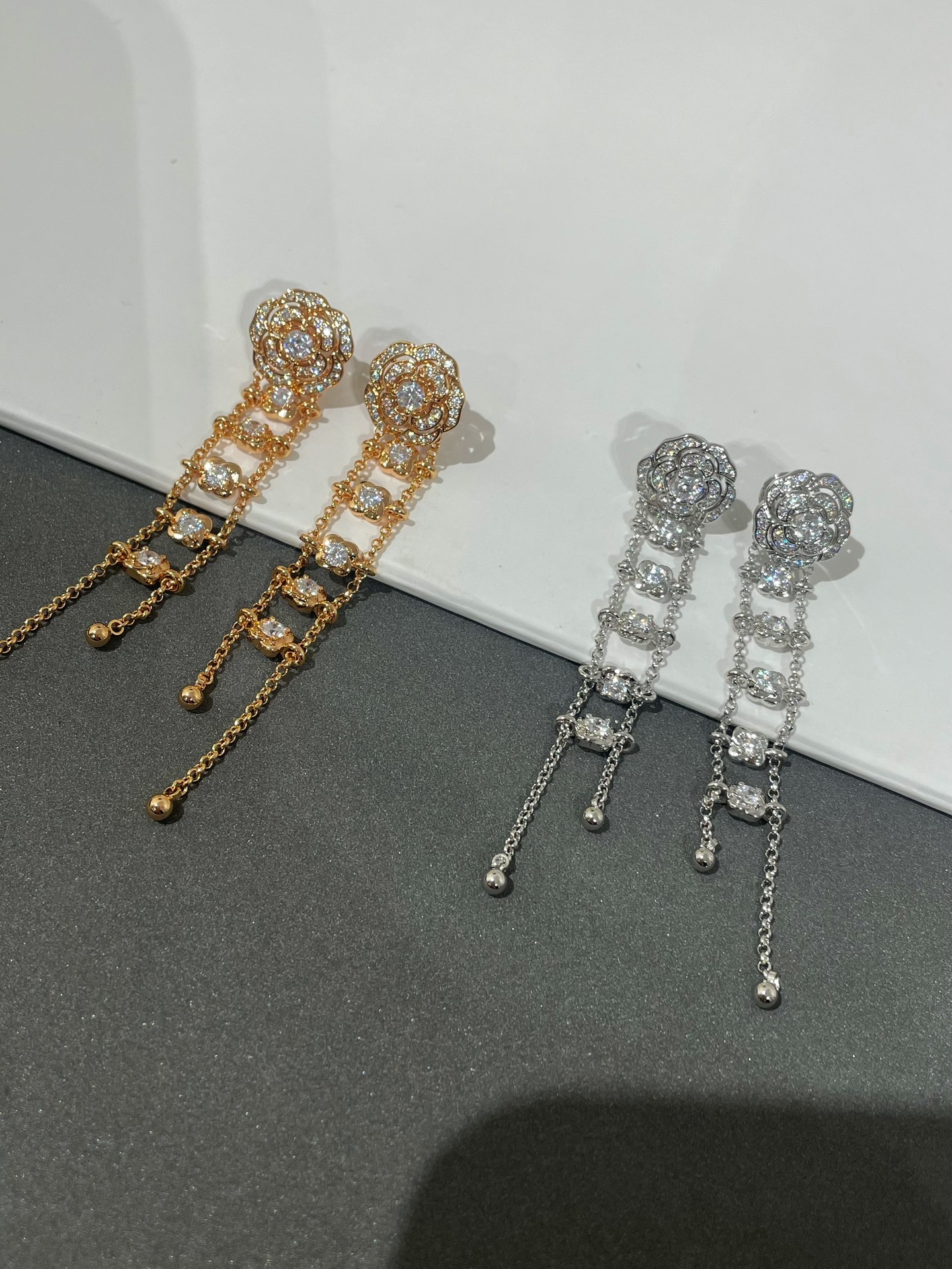 CHANEL Camellia Tassel Earrings Rose Gold