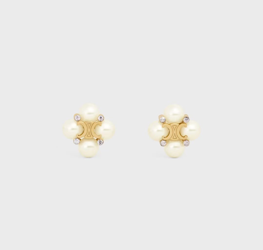 Celine Triomphe Pearl Earrings Gold Finish Fashion Jewelry for Women