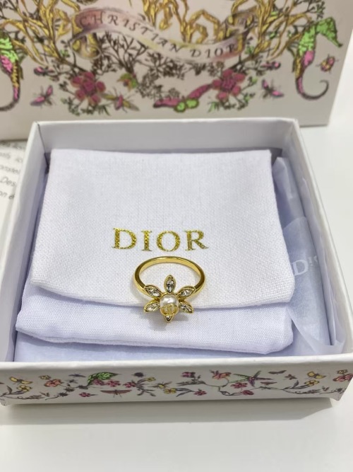 Dior Gold-Finish Ring with Crystal Flower and Pearl Center 1 Dior Gold-Finish Ring with Crystal Flower and Pearl Center