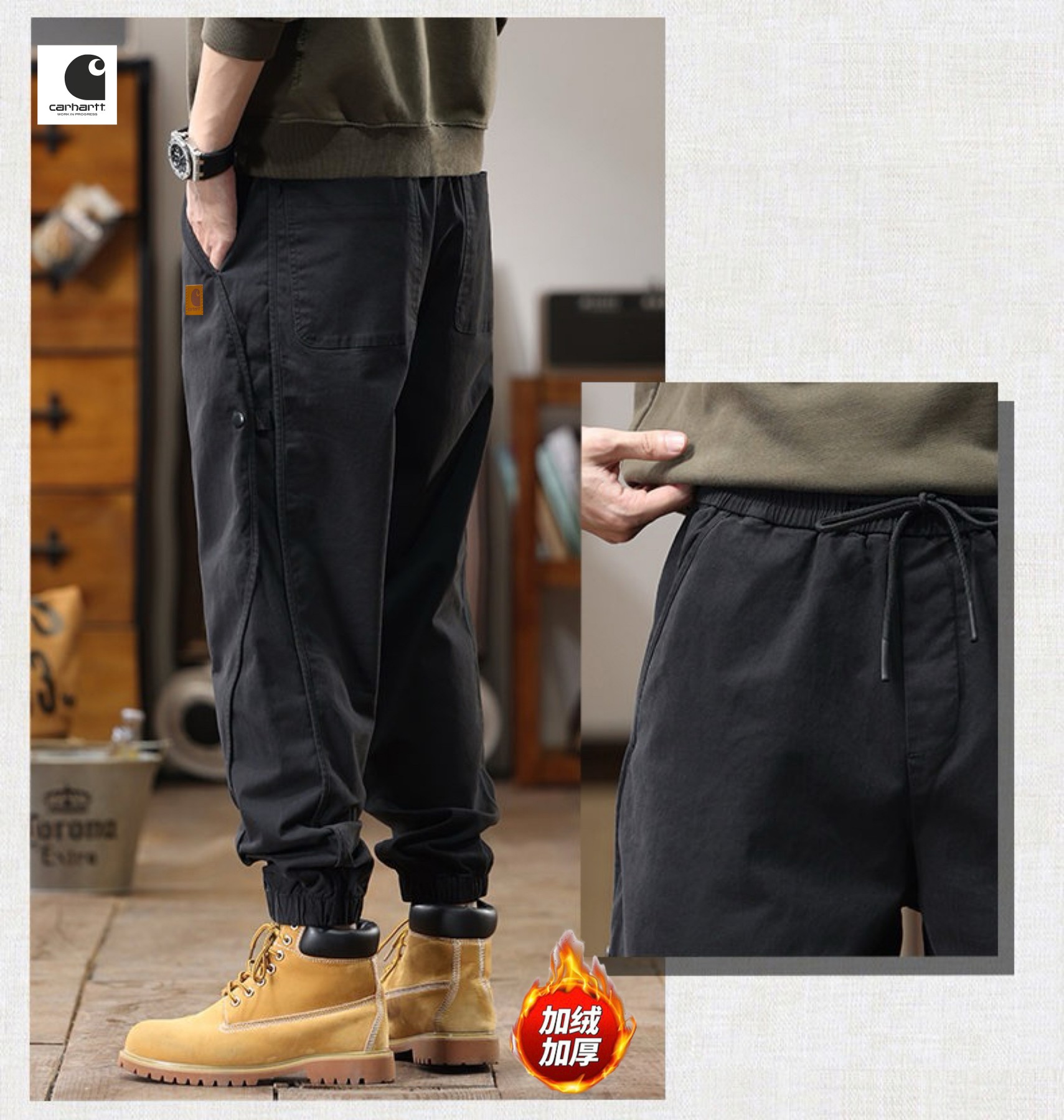 💰165
Carhartt✘卡哈特海外版26ss🔥新款四色高品质美式重磅水洗工装机能风加绒加厚工装裤
   裤子版型宽松  细节完美  高品质水洗加绒加厚工装面料耐磨耐脏 立体裁剪宽松版型   进口机器印花反复水洗不会开裂脱落   男女同款情侣款
颜色:  焦糖色    黑色    军绿色   深灰色
尺码：M-3XL
           裤长         腰围          臀围
M         96            76            106
L          97            80            110
XL        98            84            114
2XL    100            88            118
3XL    102            92            122