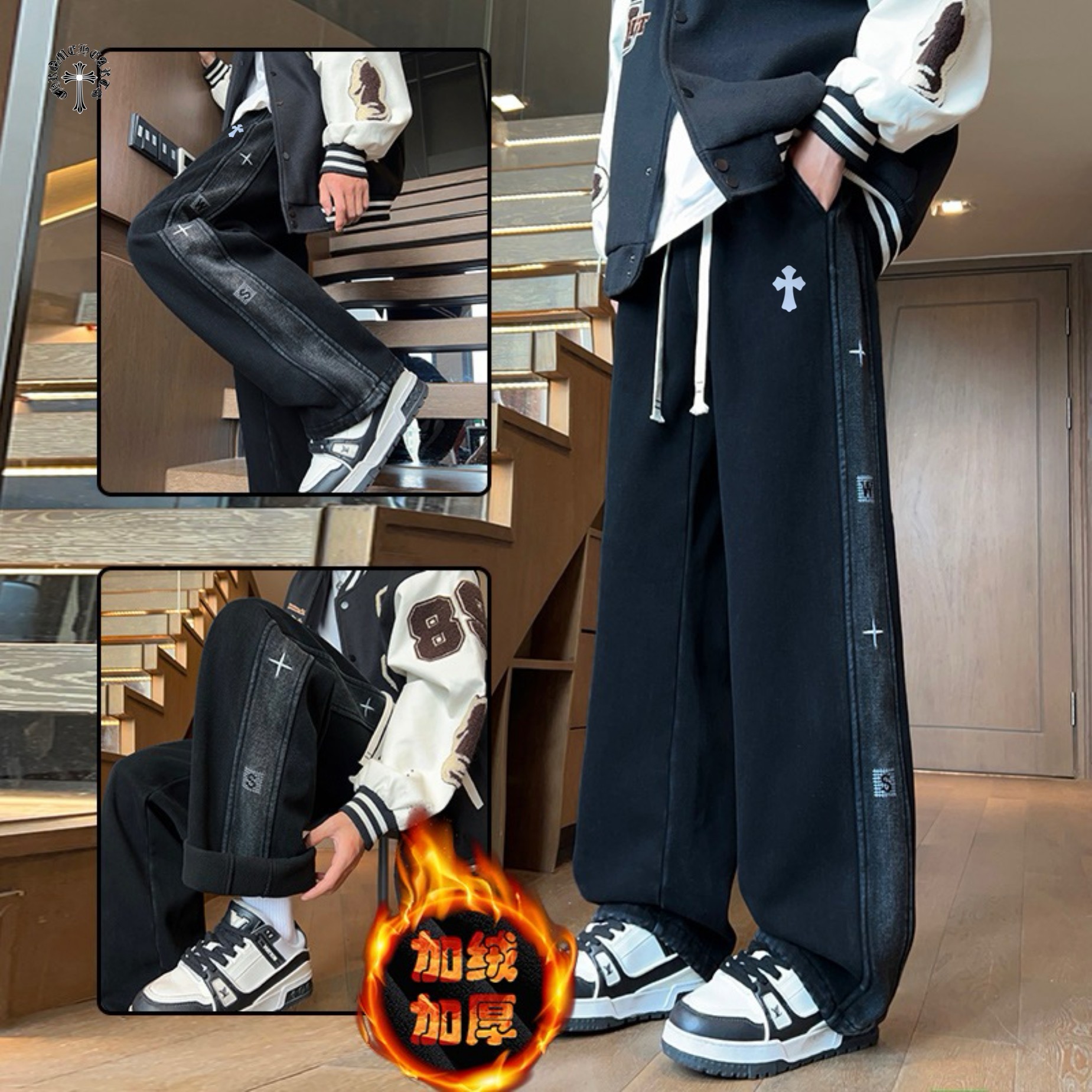 💰155
CHROME HEARTS✘克罗心海外版26ss🔥新款两色贴皮标重工水洗串标相拼加绒加厚牛仔裤
   裤子版型宽松  细节完美  水洗牛仔加绒加厚面料耐磨耐脏 立体裁剪宽松版型   进口机器印花反复水洗不会开裂脱落   男女同款情侣款
颜色: 黑色    复古蓝       
尺码：M-3XL
           裤长         腰围          臀围
M         96            76            106
L          97            80            110
XL       98            84            114
2XL    100           88            118
3XL    102           92            122