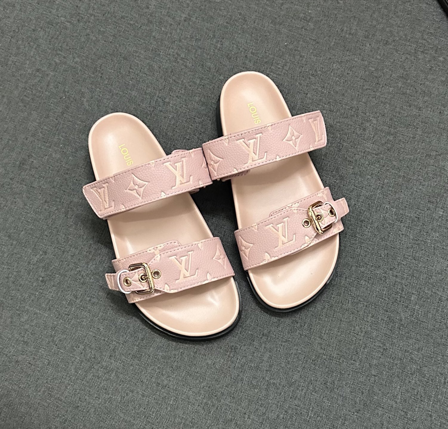 Louis Vuitton Women's Pastel Pink Leather Sandals with Iconic LV Monogram