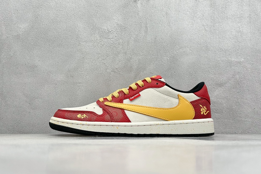 NO:230474,travis scott x fraent design x air 1 low og sp 31 Joe 1 sup co-branded snake year limited red snake yellow hook low top cultural casual board shoes #multi-party joint cooperation combines travis scott's unique musical style, Fujiwara Hiroshi's personal design style and classic elements of the brand make it a pair of shoes with unique identity and value. The fresh and three-dimensional appearance and joint logo highlight its unique identity. This color scheme shows vitality and fashion sense. Visually eye-catching. The texture and delicate details of the shoe body make it look high-end and full of style. This 