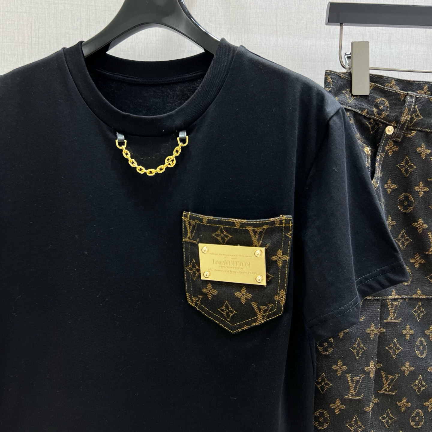 Louis Vuitton Inspired Print Pocket Short Sleeve T-Shirt & Denim Skirt Set 6 i1746631836386 1214 0 4