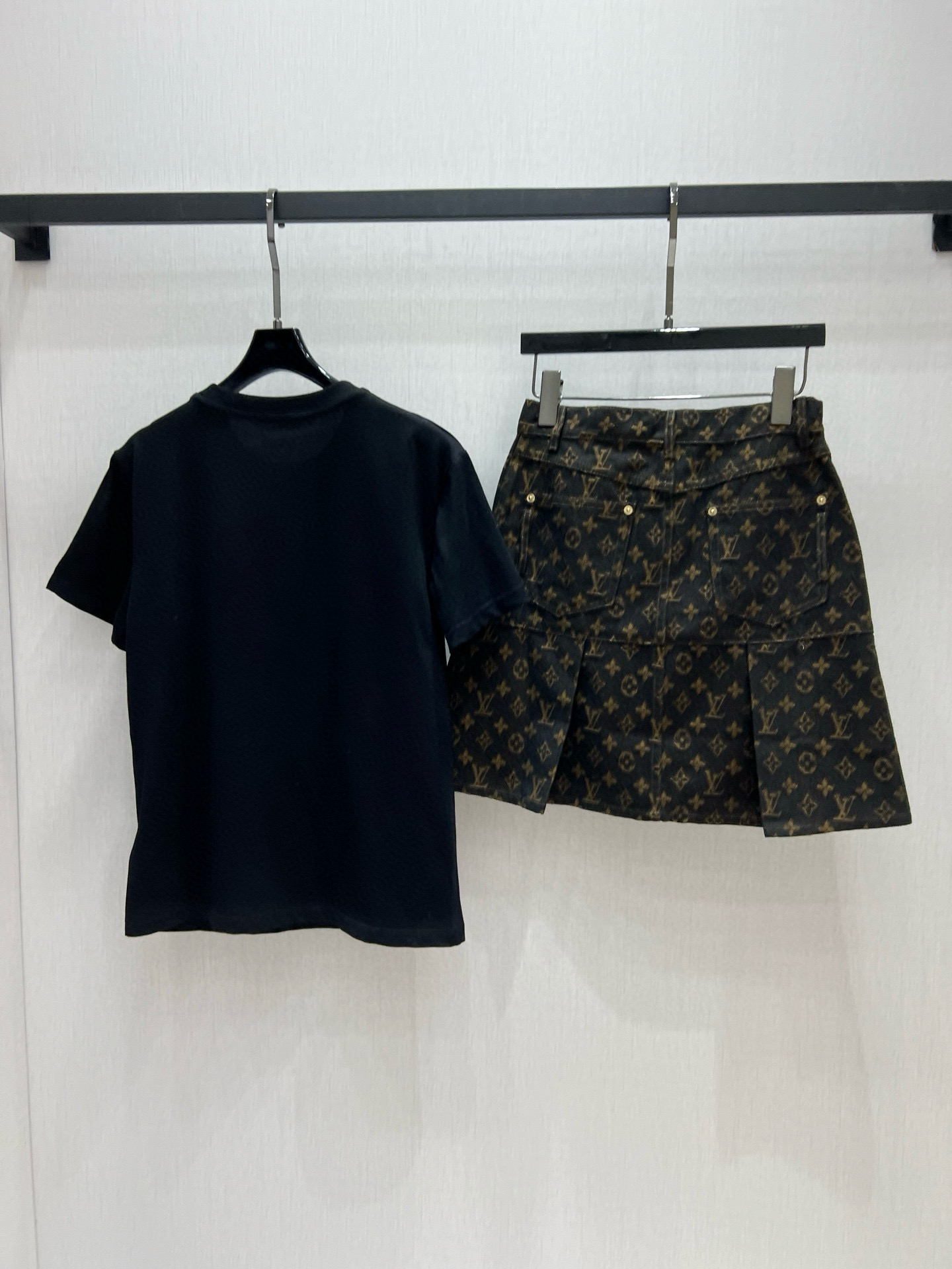 Louis Vuitton Inspired Print Pocket Short Sleeve T-Shirt & Denim Skirt Set 9 i1746631836386 1645 0 7