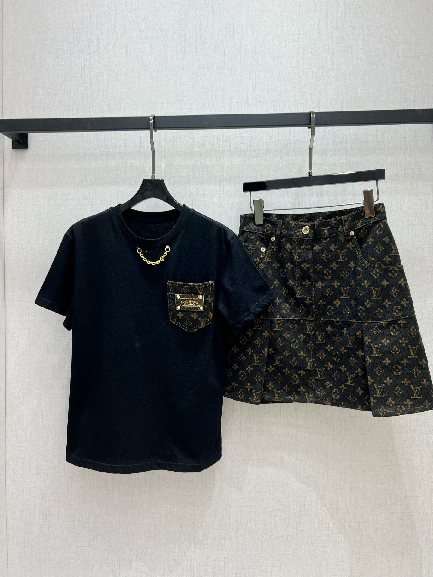Louis Vuitton Inspired Print Pocket Short Sleeve T-Shirt & Denim Skirt Set 2 i1746631836577 2452 0 0