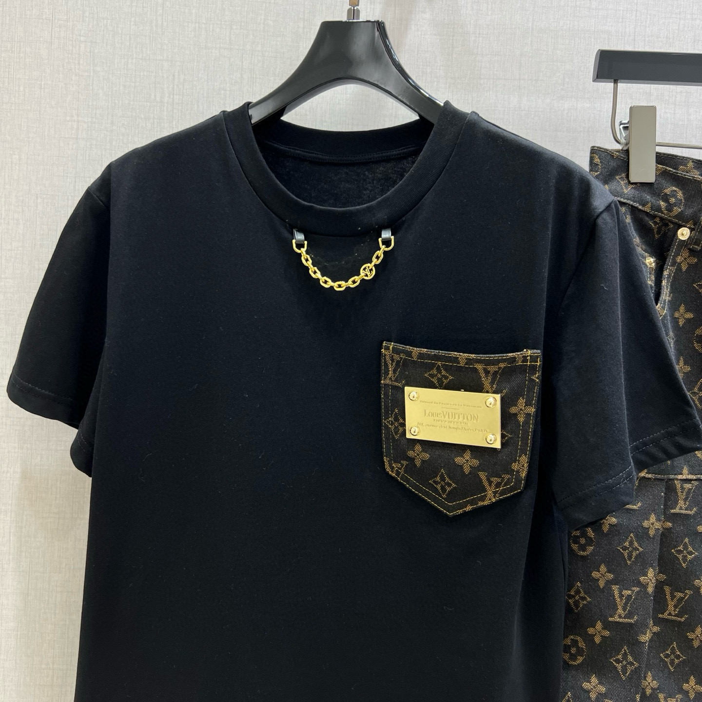 Louis Vuitton Inspired Print Pocket Short Sleeve T-Shirt & Denim Skirt Set 7 i1746631837013 6183 0 5