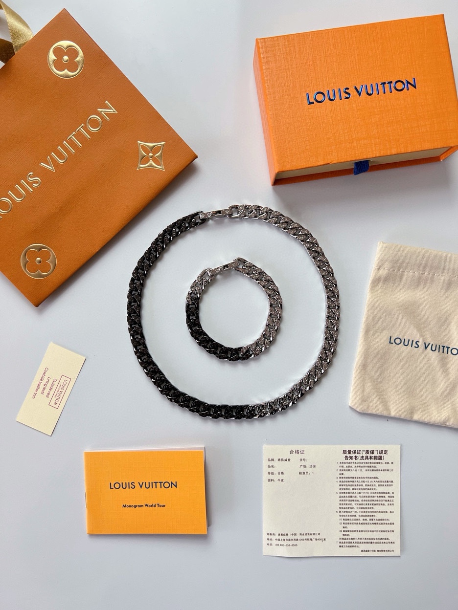 Louis Vuitton Jewelry Necklaces & Pendants Black Silver Engraving Unisex Fashion Chains