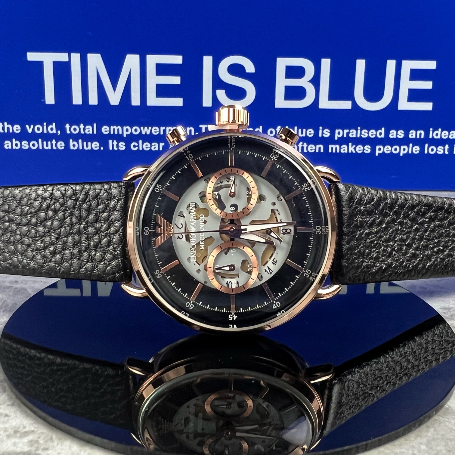 Armani Kopen Uurwerken Horloge Blauw Openwerk Mannen Echt leer Quartz Movement Lederen band