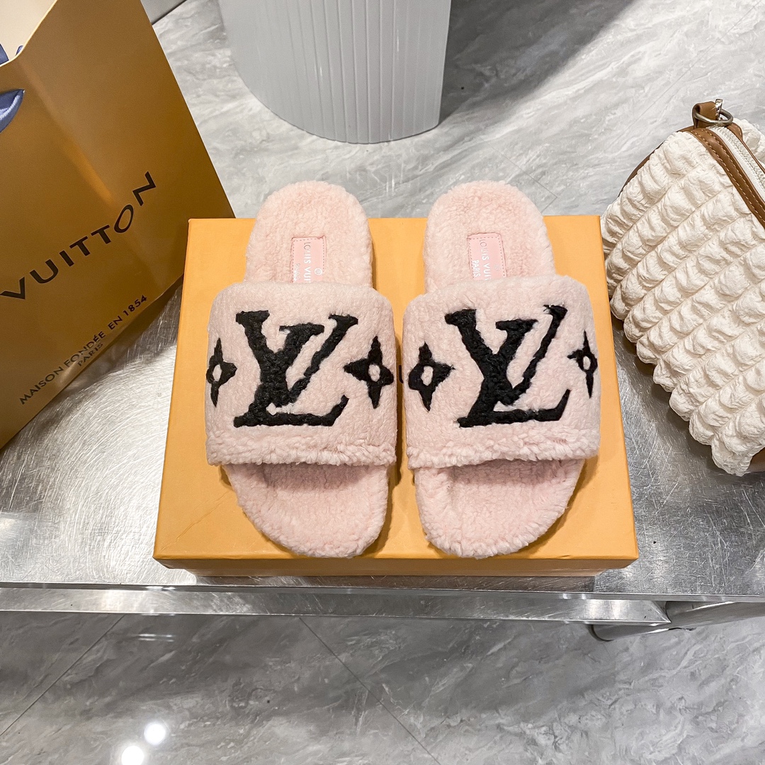 Louis Vuitton Shoes Slippers Beige Black Pink Purple Red White Yellow Unisex Lambswool Rubber Wool