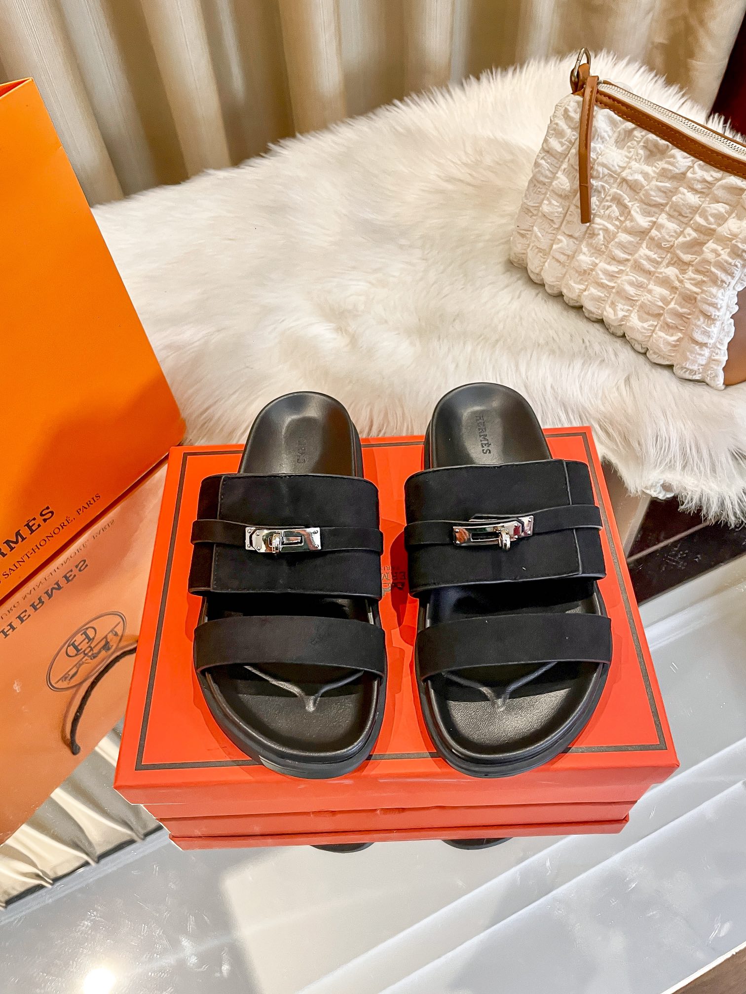 Hermes Schuhe Badelatschen Orange Silber Hardware Frühlingskollektion Lässig