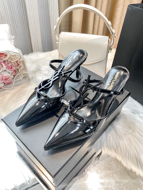 Yves Saint Laurent Women's Black Patent Leather Pointed High Heel Sandals 1 Yves Saint Laurent Women's Black Patent Leather Pointed High Heel Sandals