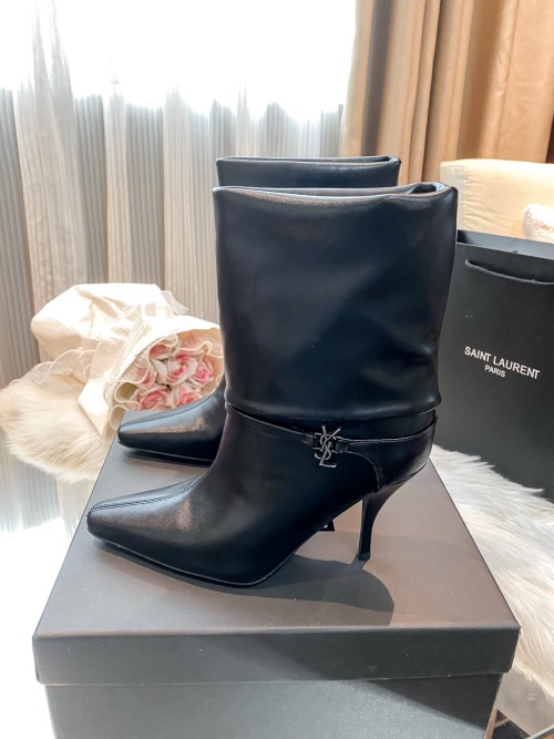 Yves Saint Laurent Women's Black Leather Heeled Ankle Boots - Sizes 35-41
