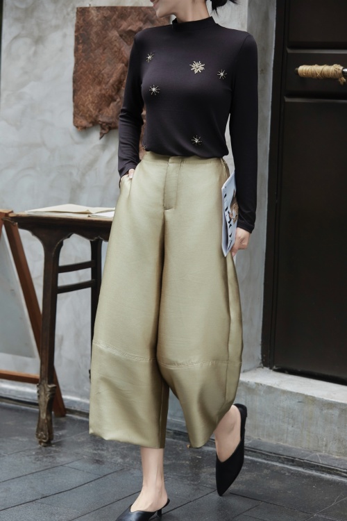 Designer Wool Blend Set: High Neck Top with Beaded Detail & Silk Blend Pants 1 Designer Wool Blend Set: High Neck Top with Beaded Detail & Silk Blend Pants