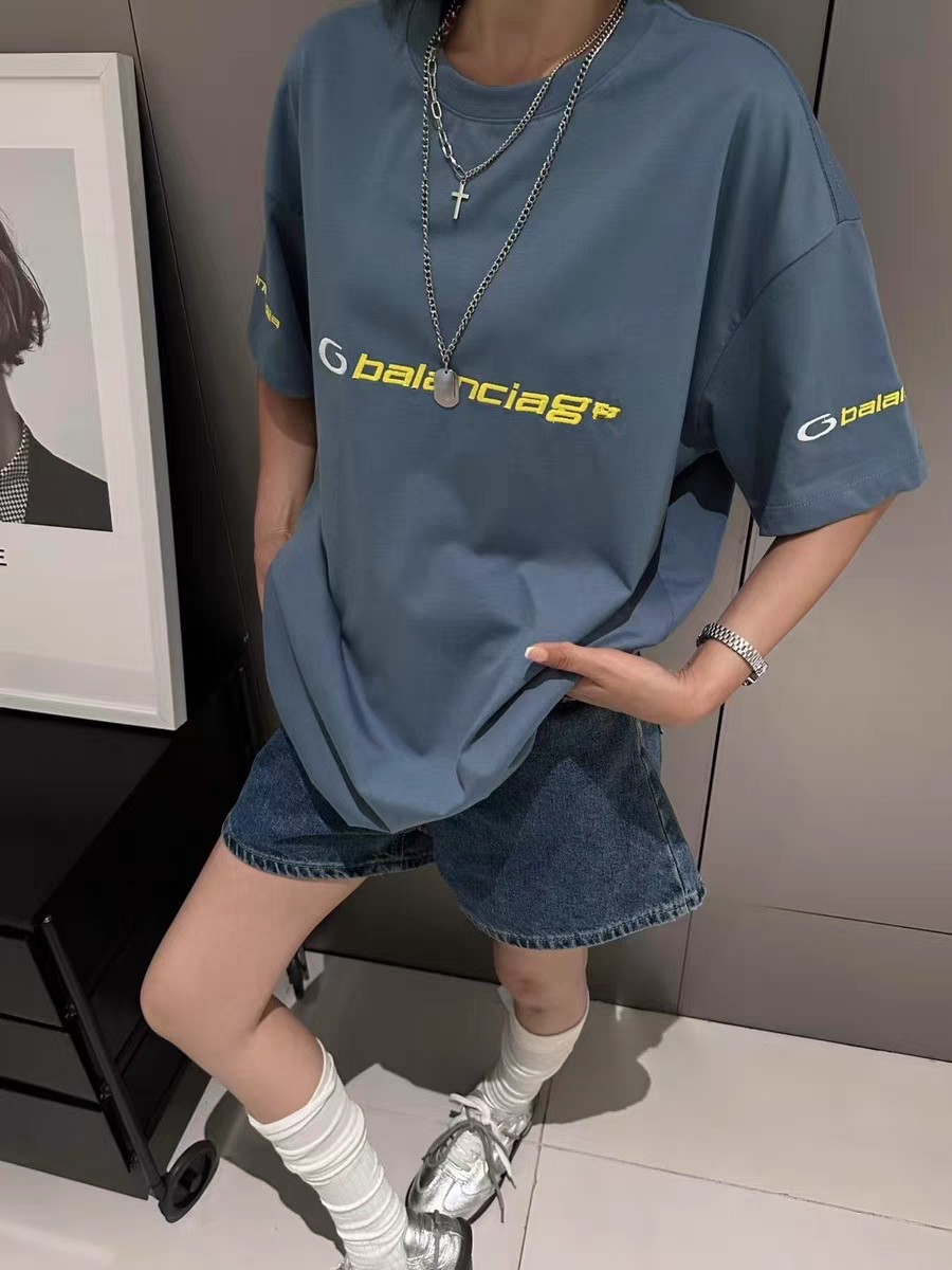  BLCG 2025ss Tracksuit Logo灰蓝色和黄色干爽平纹针织廓形T恤 干爽平纹针织面料