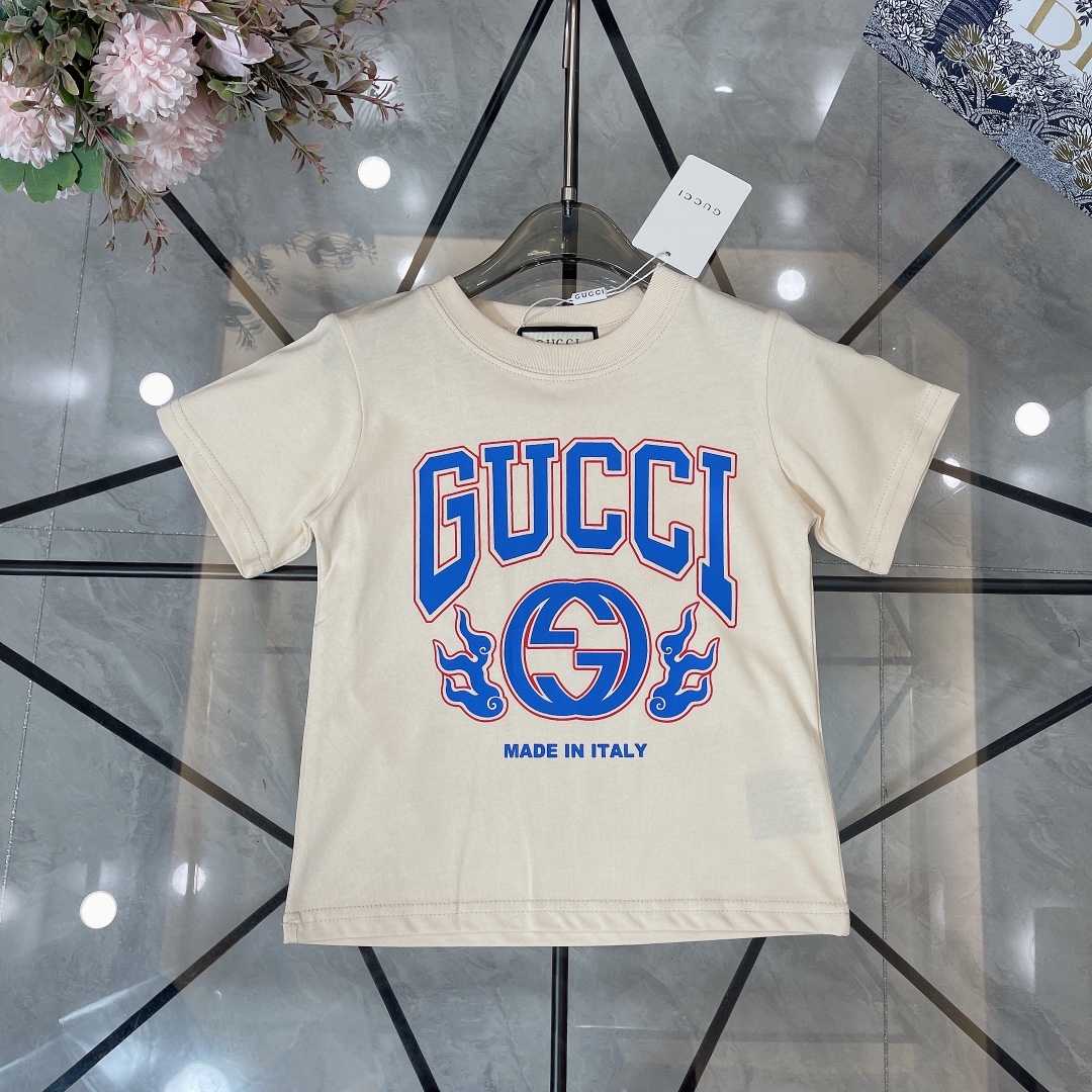Gucci Odzież T-Shirt Kolor moreli Czarny Biały Drukowanie Bawełna Krótki rękaw