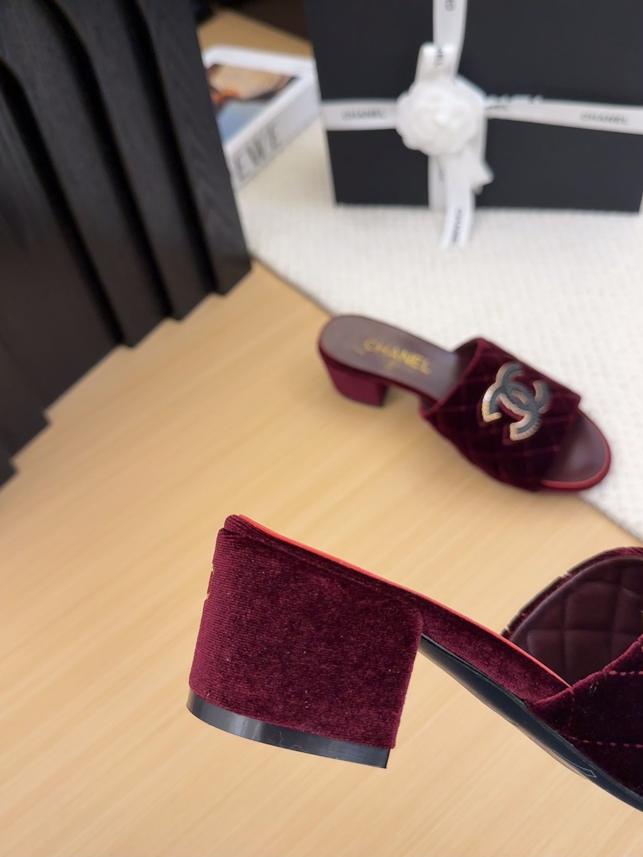 Elegant Chanel Velvet Quilted Heeled Sandals with CC Logo - Burgundy 5 i1742150698 5291 2