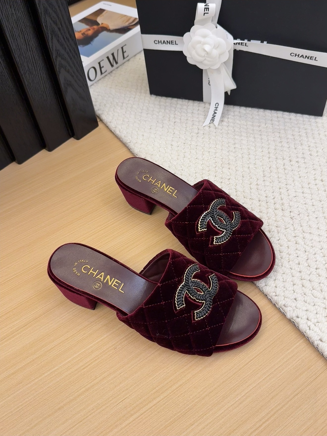 Elegant Chanel Velvet Quilted Heeled Sandals with CC Logo - Burgundy