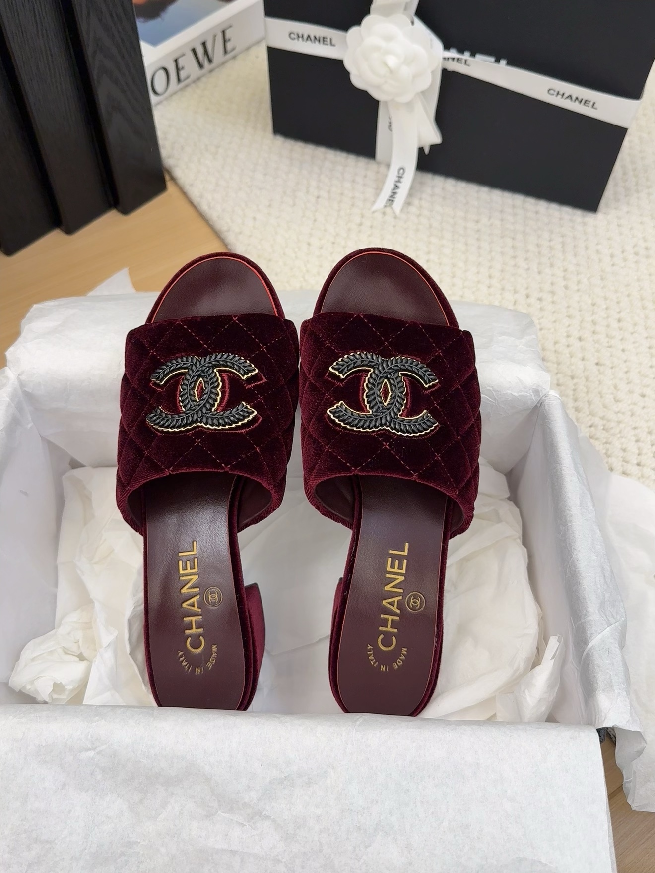 Elegant Chanel Velvet Quilted Heeled Sandals with CC Logo - Burgundy 6 i1742150711 7966 0