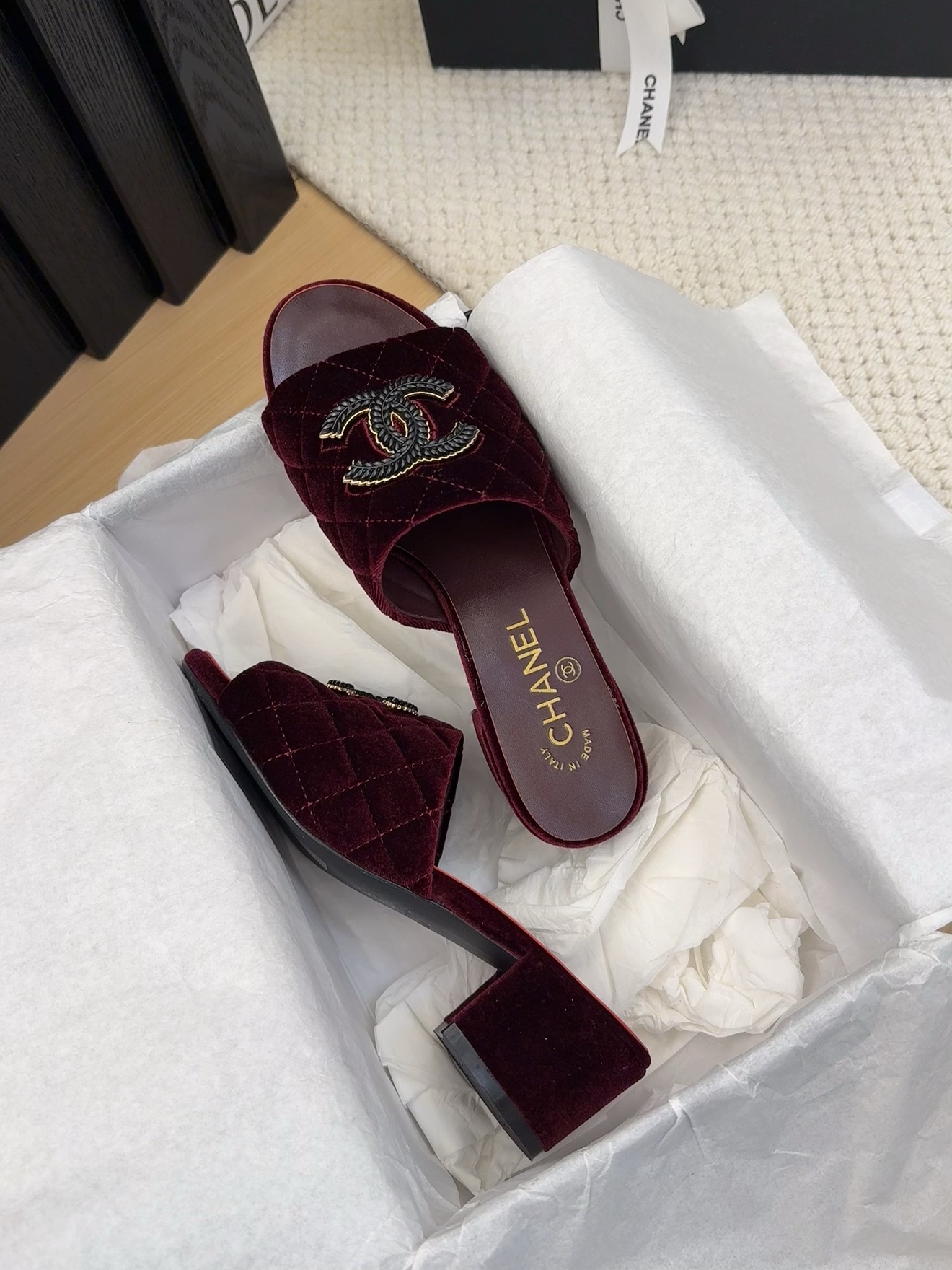 Elegant Chanel Velvet Quilted Heeled Sandals with CC Logo - Burgundy 7 i1742150711 8394 0