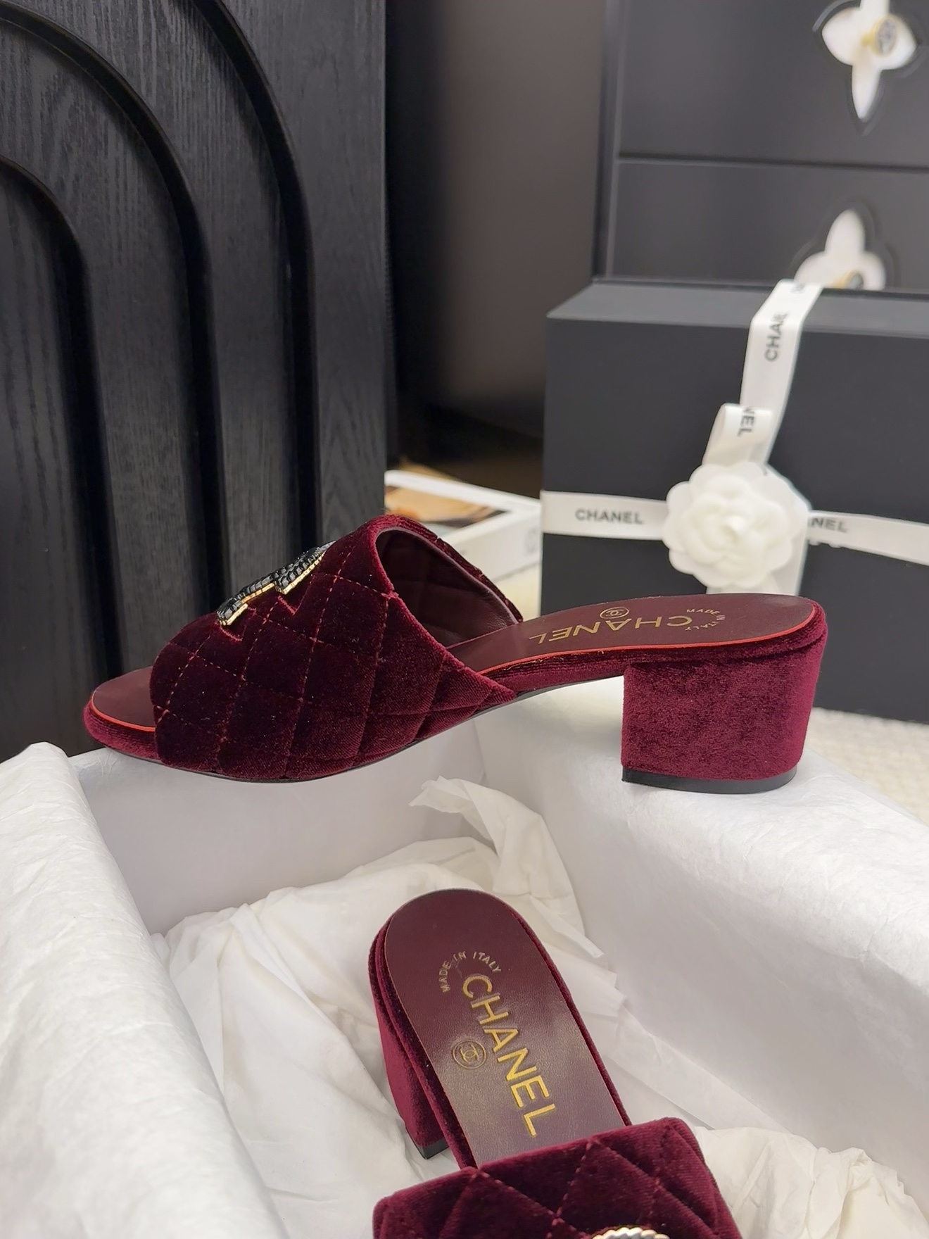 Elegant Chanel Velvet Quilted Heeled Sandals with CC Logo - Burgundy 9 i1742150711 918 0