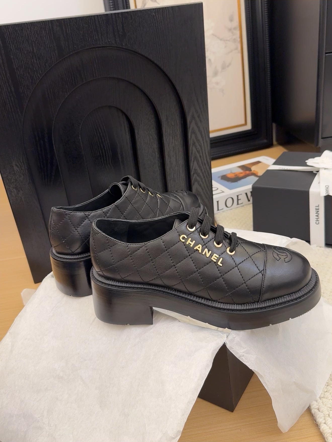 Elegant Chanel Women's Black Leather Quilted Lace-Up Block Heel Dress Shoes 8 i1742187135 1177 5