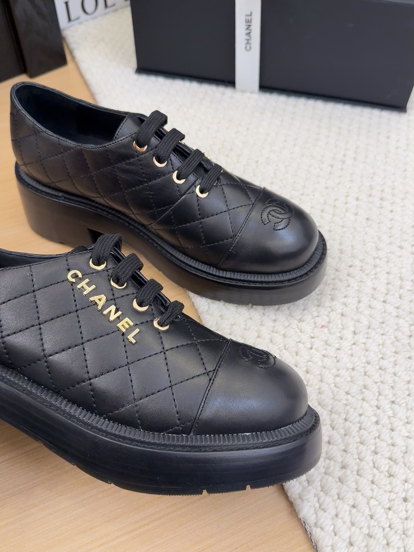 Elegant Chanel Women's Black Leather Quilted Lace-Up Block Heel Dress Shoes 4 i1742187135 1223 0