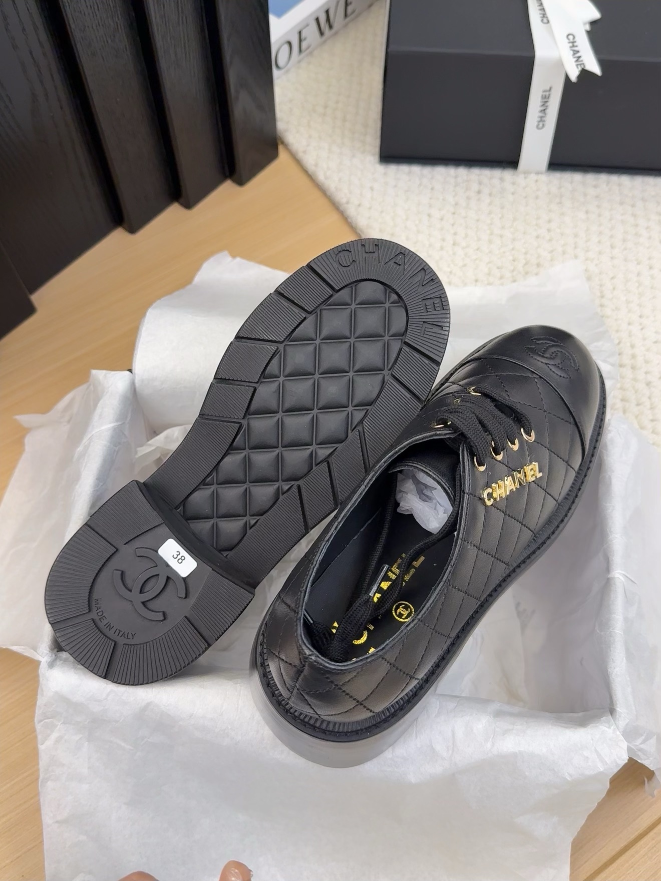 Elegant Chanel Women's Black Leather Quilted Lace-Up Block Heel Dress Shoes 10 i1742187135 4012 3