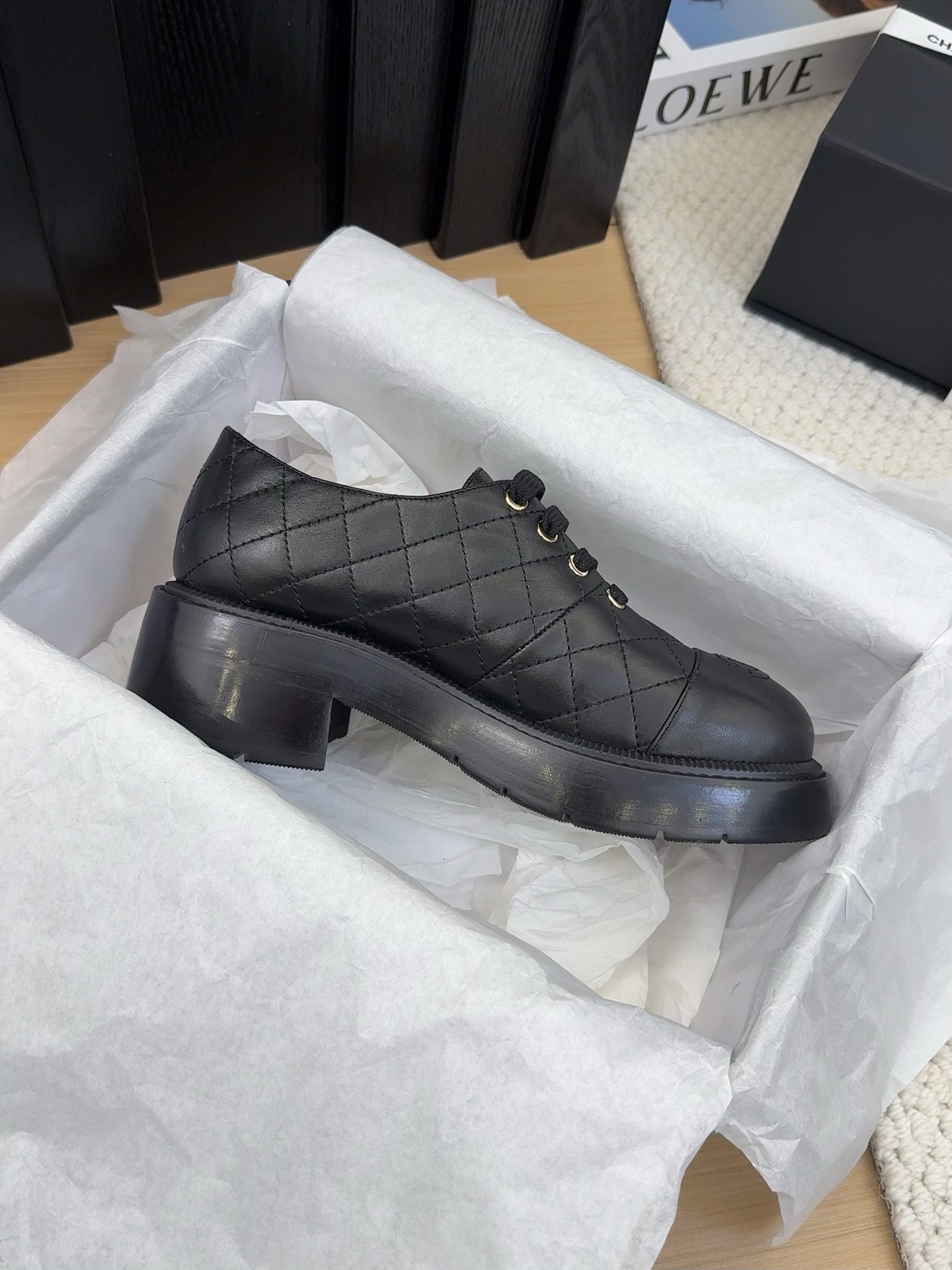 Elegant Chanel Women's Black Leather Quilted Lace-Up Block Heel Dress Shoes 7 i1742187135 4231 2