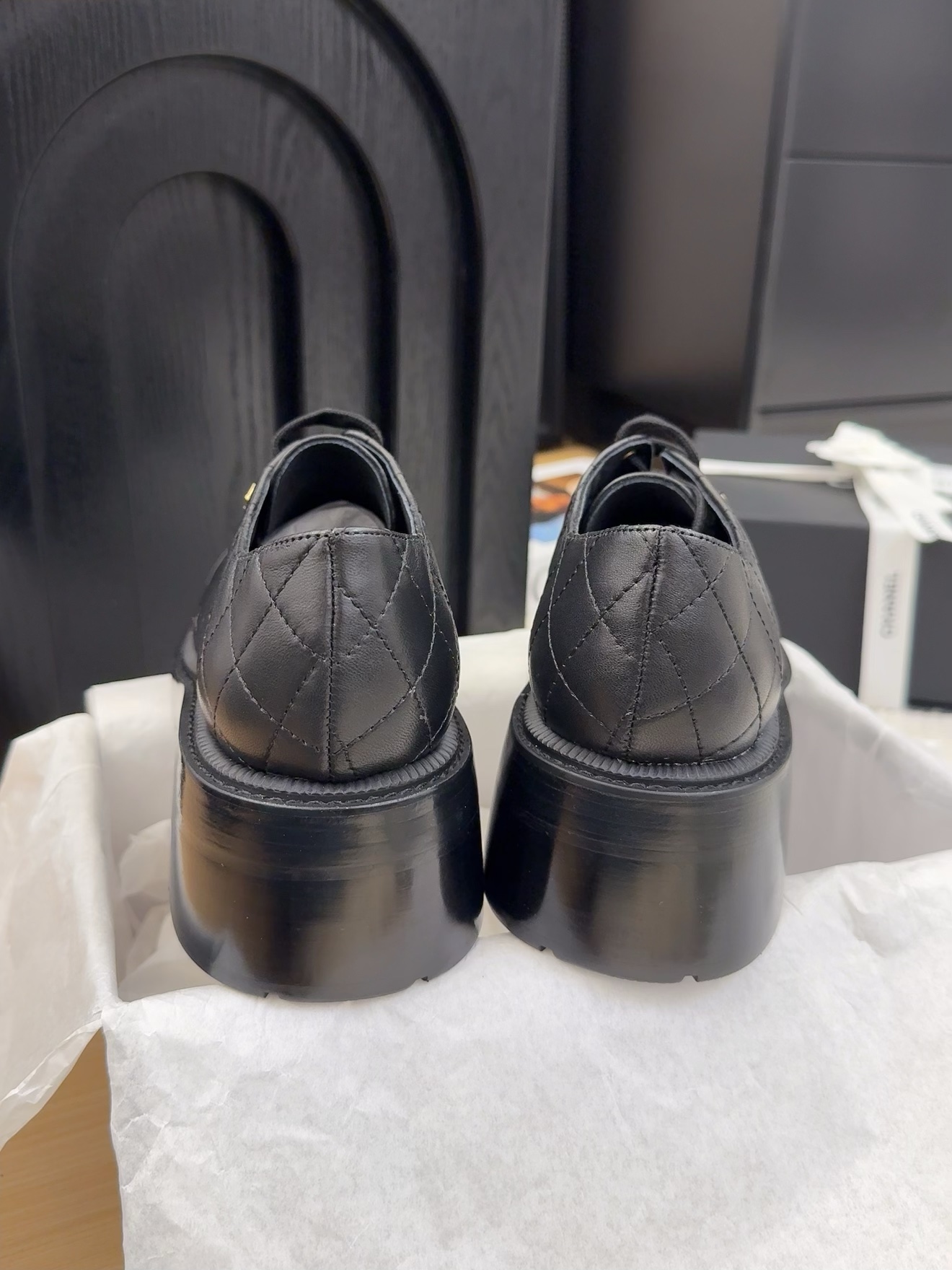 Elegant Chanel Women's Black Leather Quilted Lace-Up Block Heel Dress Shoes 9 i1742187135 4447 8