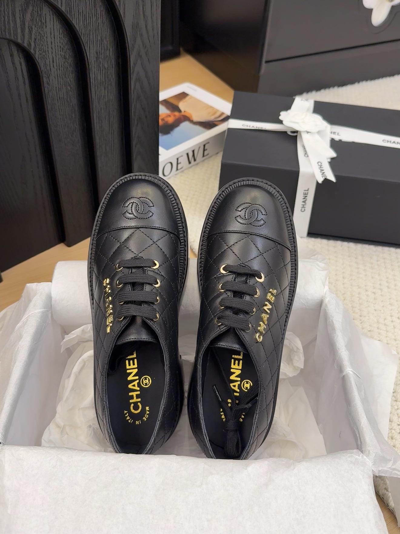 Elegant Chanel Women's Black Leather Quilted Lace-Up Block Heel Dress Shoes 6 i1742187135 7809 1